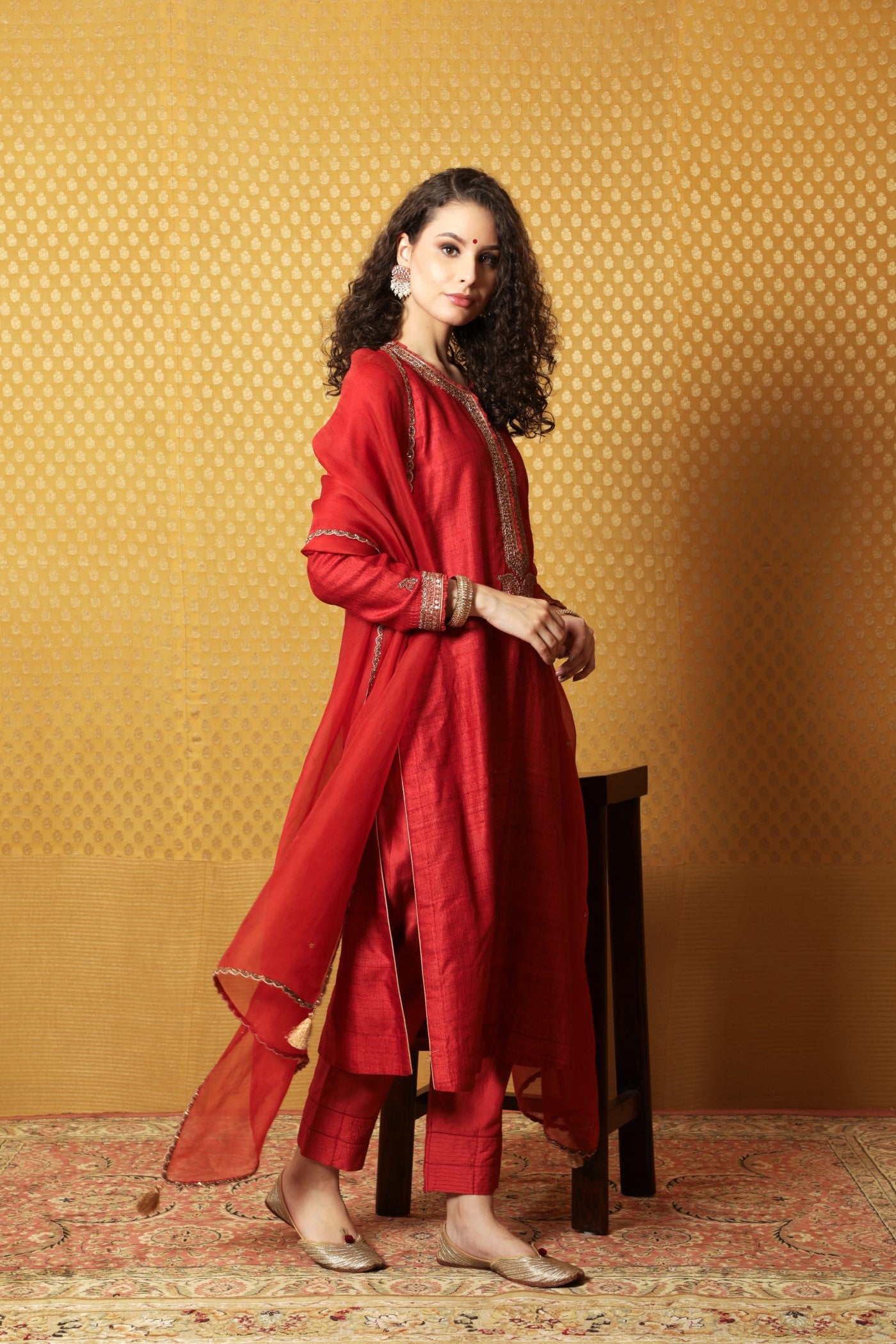 Hand-Embroidered Aurora-Red Pure Tussar-Georgette Kurta-Pants Set