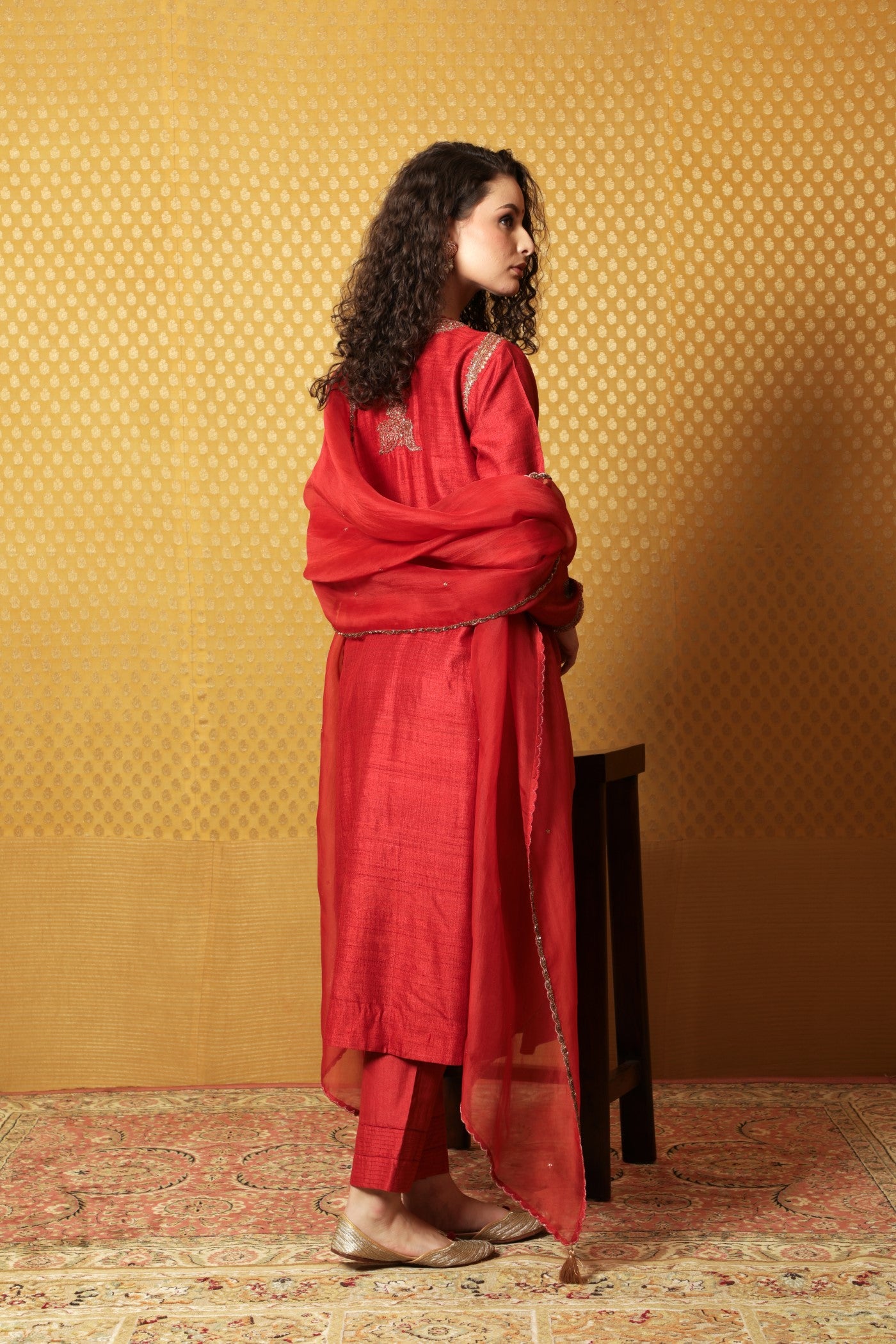 Hand-Embroidered Aurora-Red Pure Tussar-Georgette Kurta-Pants Set