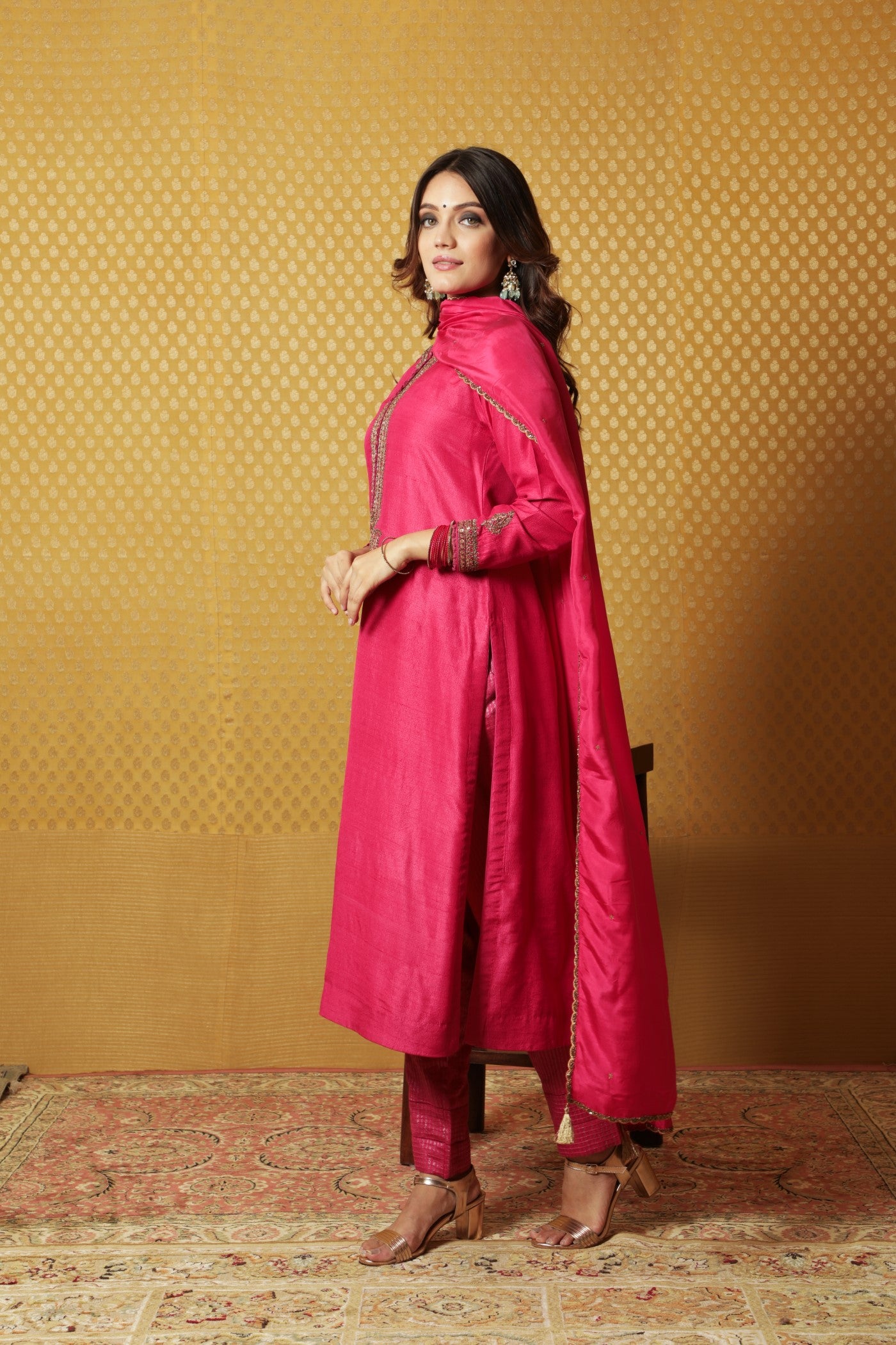 Hand-Embroidered Rani-Pink Pure Tussar- Georgette Kurta-Pants Set