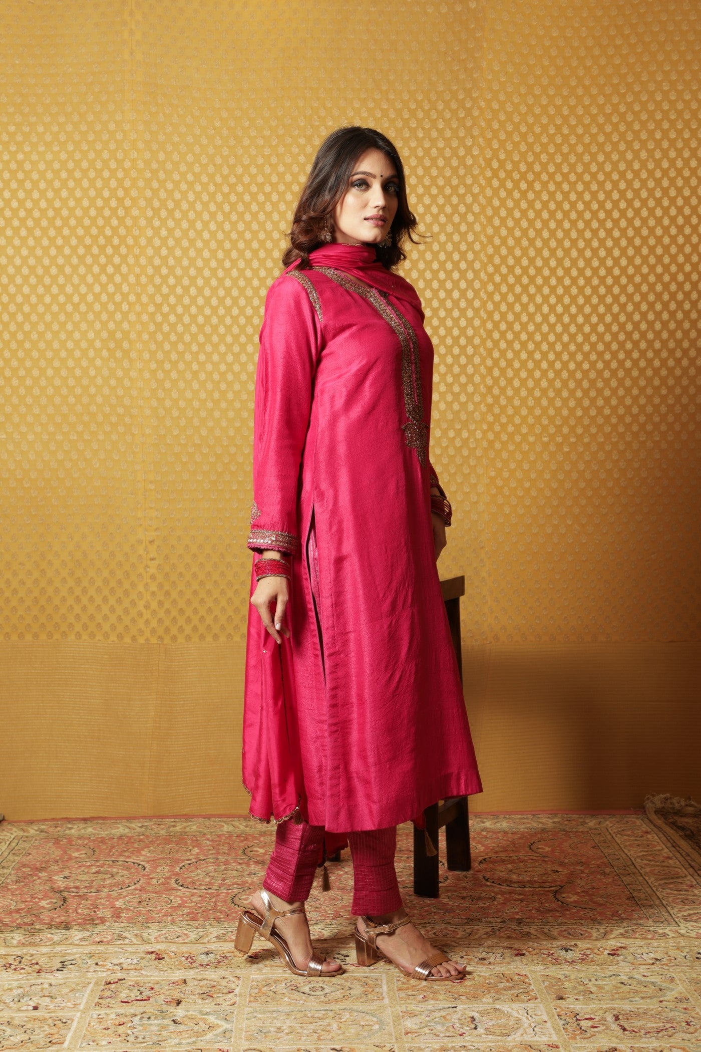 Hand-Embroidered Rani-Pink Pure Tussar- Georgette Kurta-Pants Set