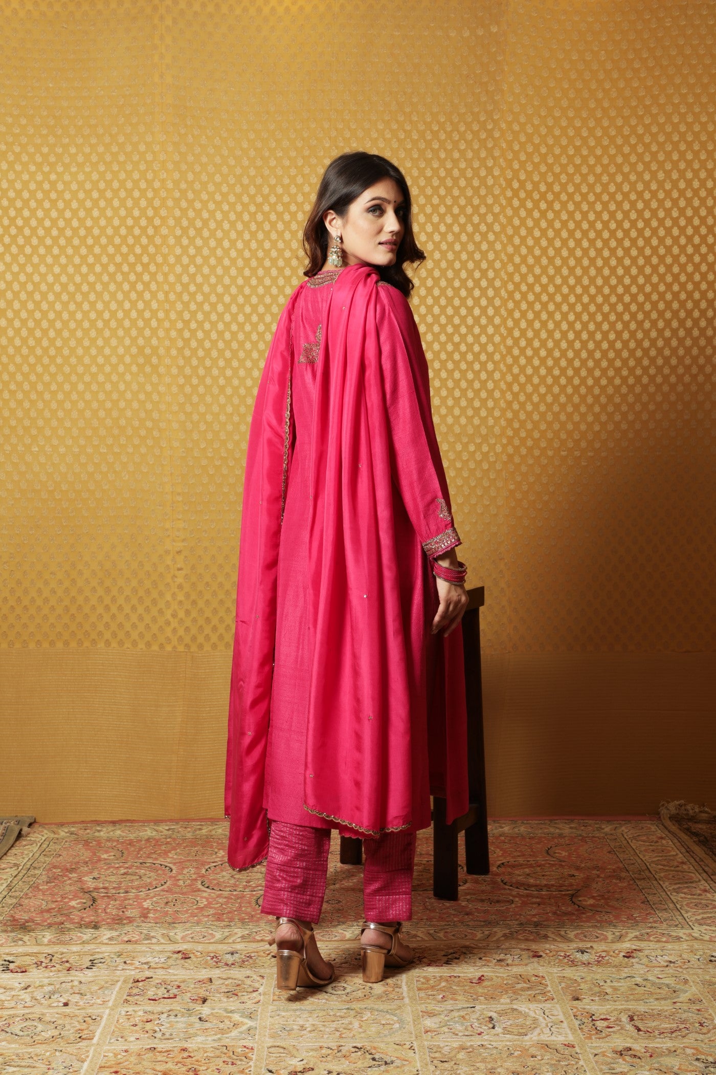 Hand-Embroidered Rani-Pink Pure Tussar- Georgette Kurta-Pants Set