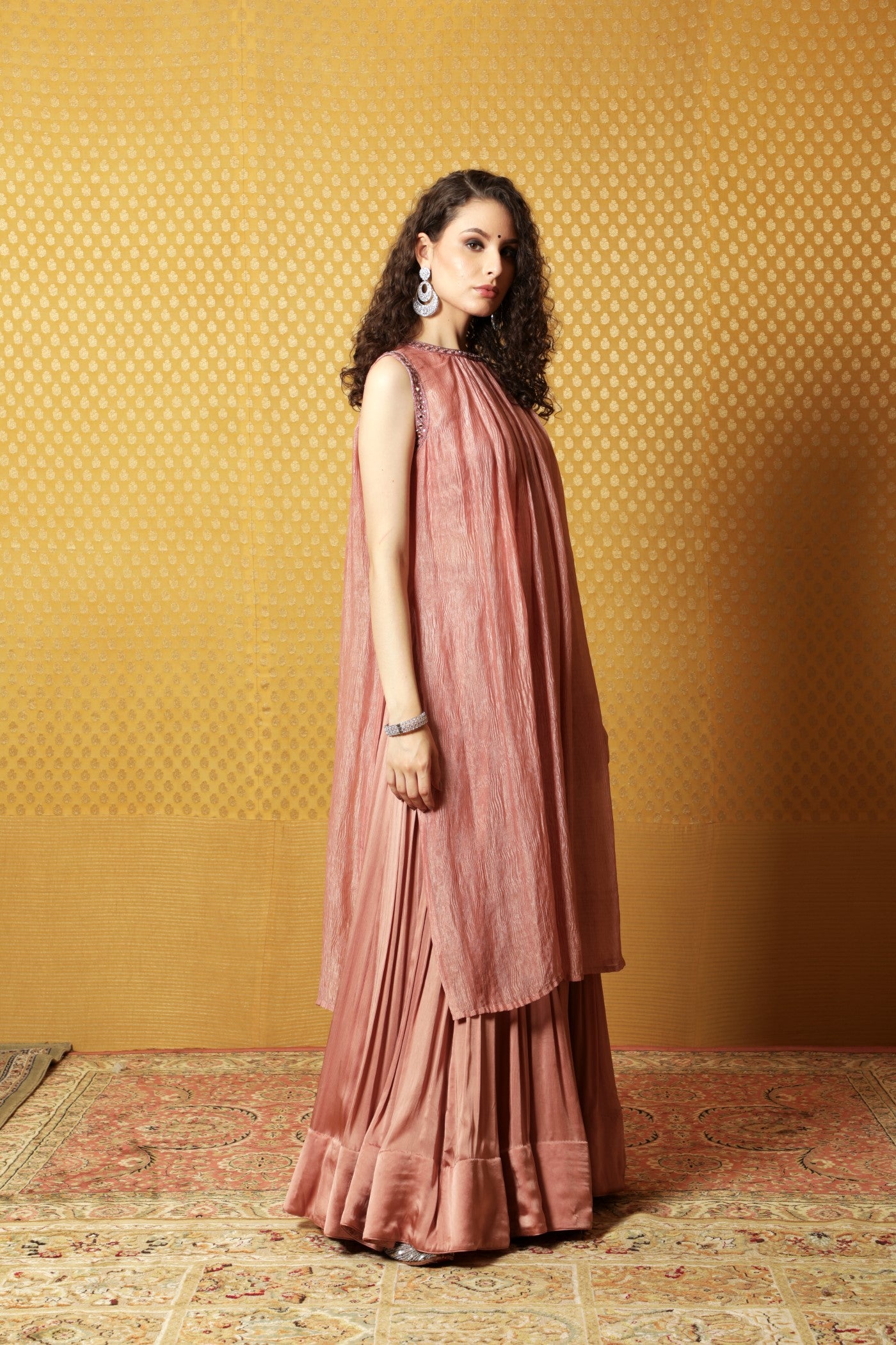 Hand-Embroidered Pink-Peach Pure Metallic Crushed Silk-Chiffon Kurta- Sharara-Bustier Set