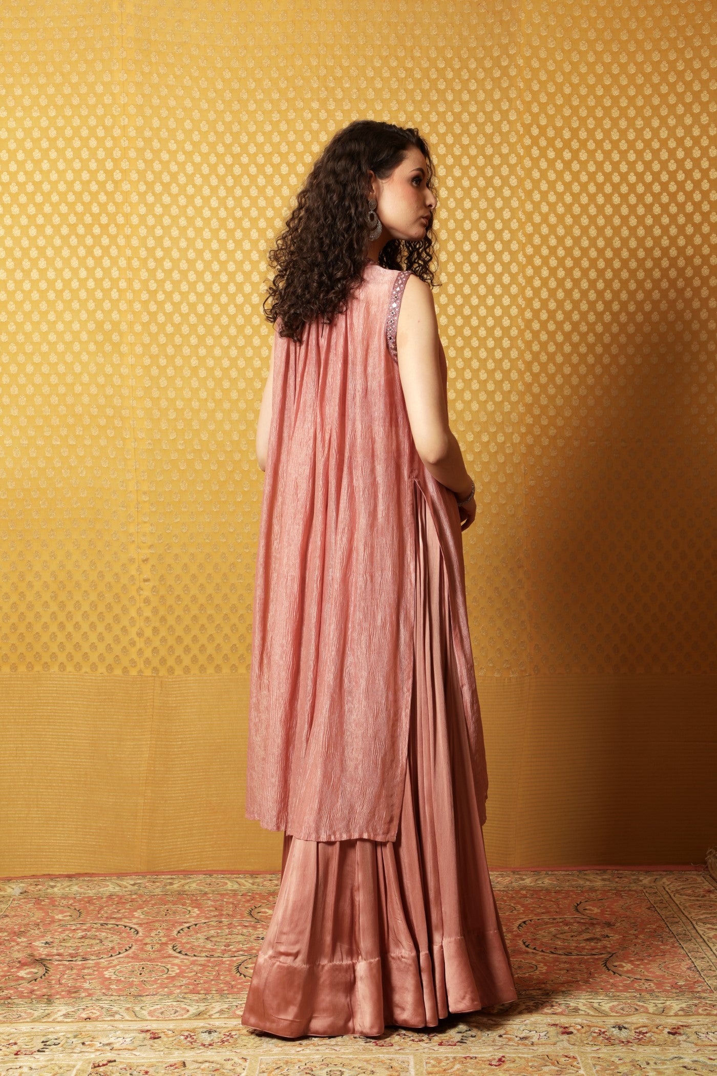 Hand-Embroidered Pink-Peach Pure Metallic Crushed Silk-Chiffon Kurta- Sharara-Bustier Set