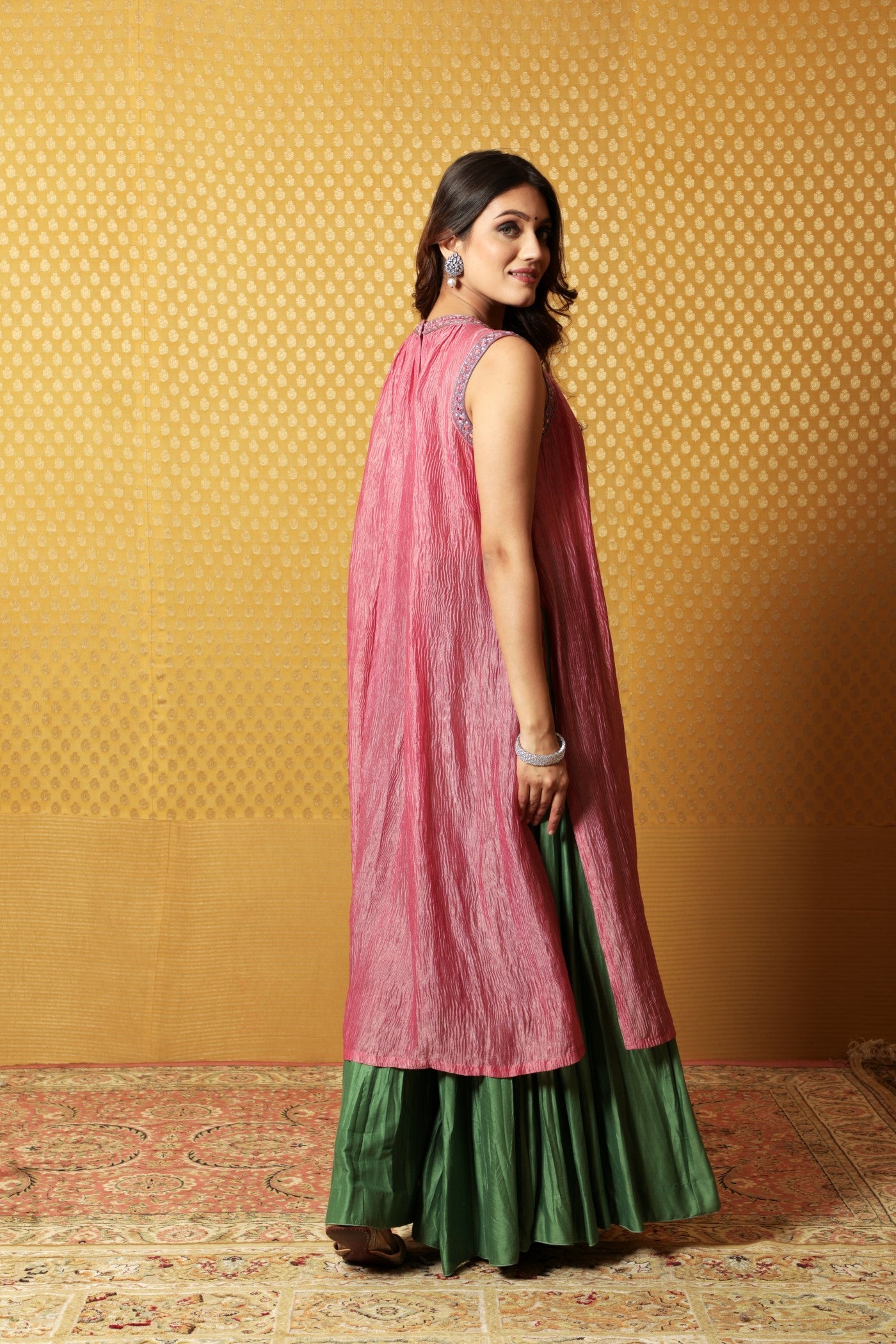 Hand-Embroidered Pink-Green Pure Metallic Crushed Silk-Chiffon Kurta-Sharara-Bustier Set