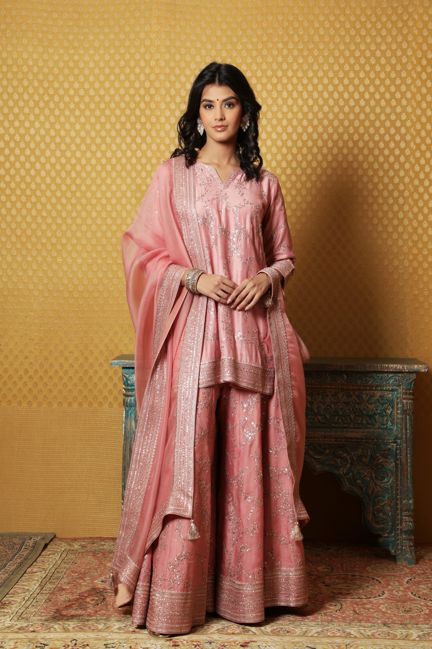 Hand-Embroidered Coral-Blush Pure Muga-Silk Short-Kurta-Sharara Set