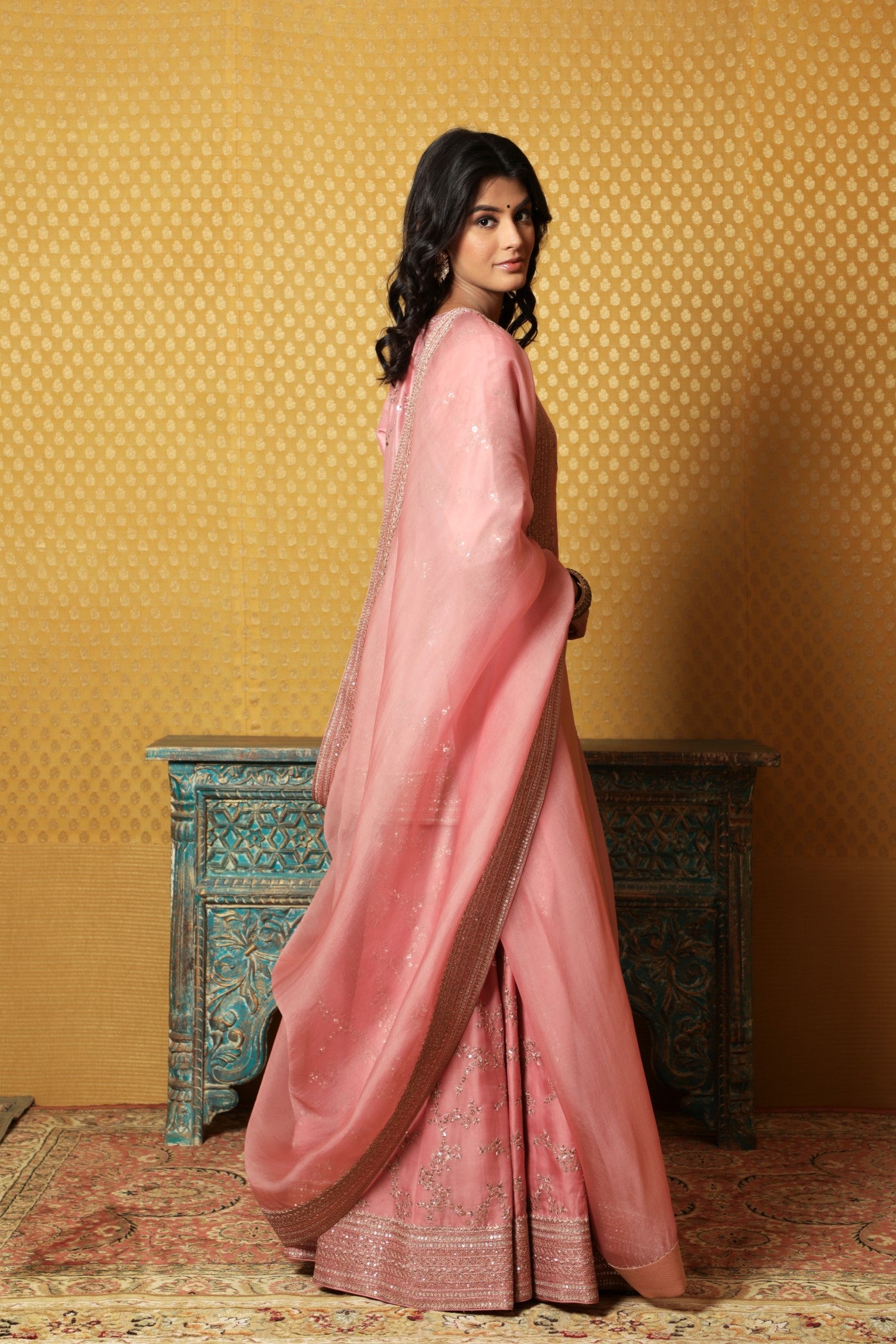 Hand-Embroidered Coral-Blush Pure Muga-Silk Short-Kurta-Sharara Set