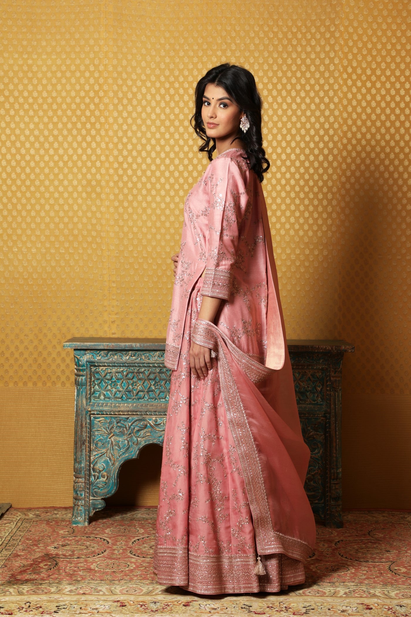 Hand-Embroidered Coral-Blush Pure Muga-Silk Short-Kurta-Sharara Set