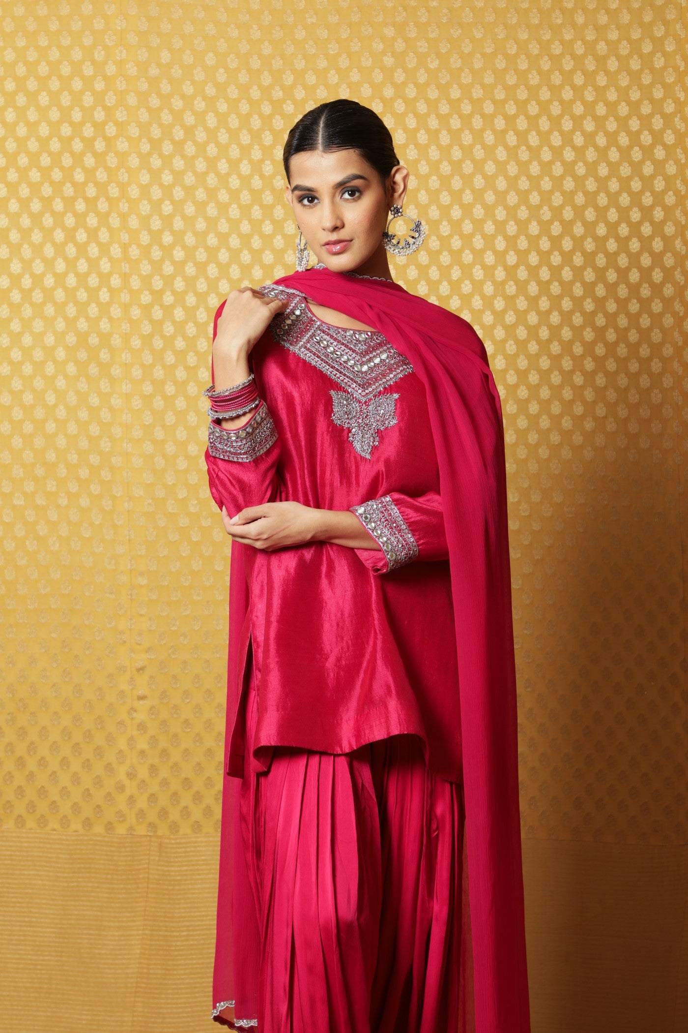 Jazzy-Pink Hand-Embroidered Pure Silk Short Kurta-Patiala Salwar Set