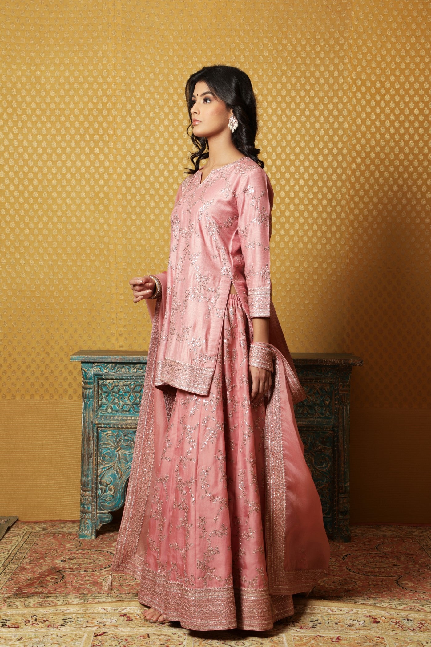 Hand-Embroidered Coral-Blush Pure Muga-Silk Short-Kurta-Sharara Set