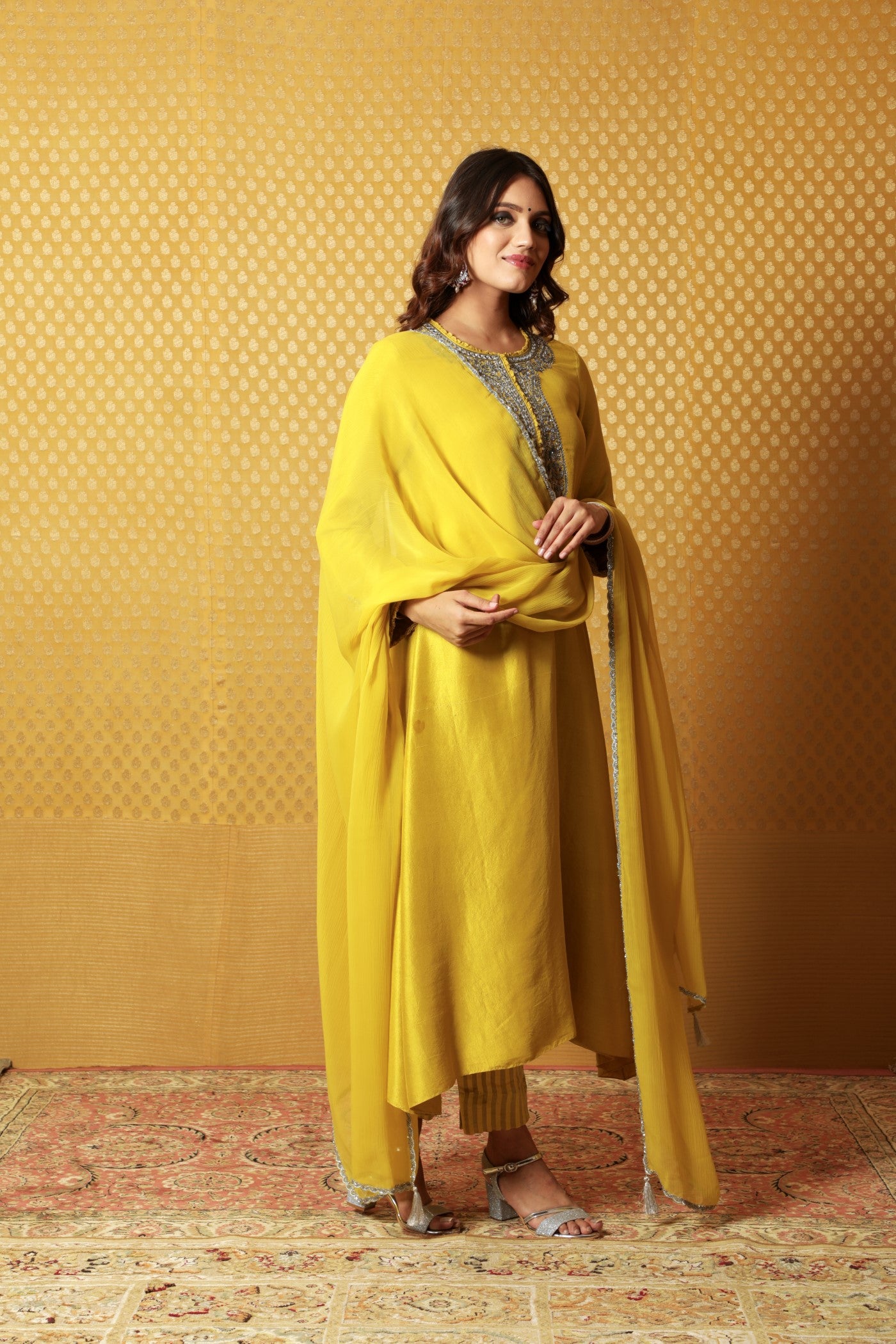 Dusty-Lime Hand-Embroidered Pure Raw- Silk Kurta-Pants Set