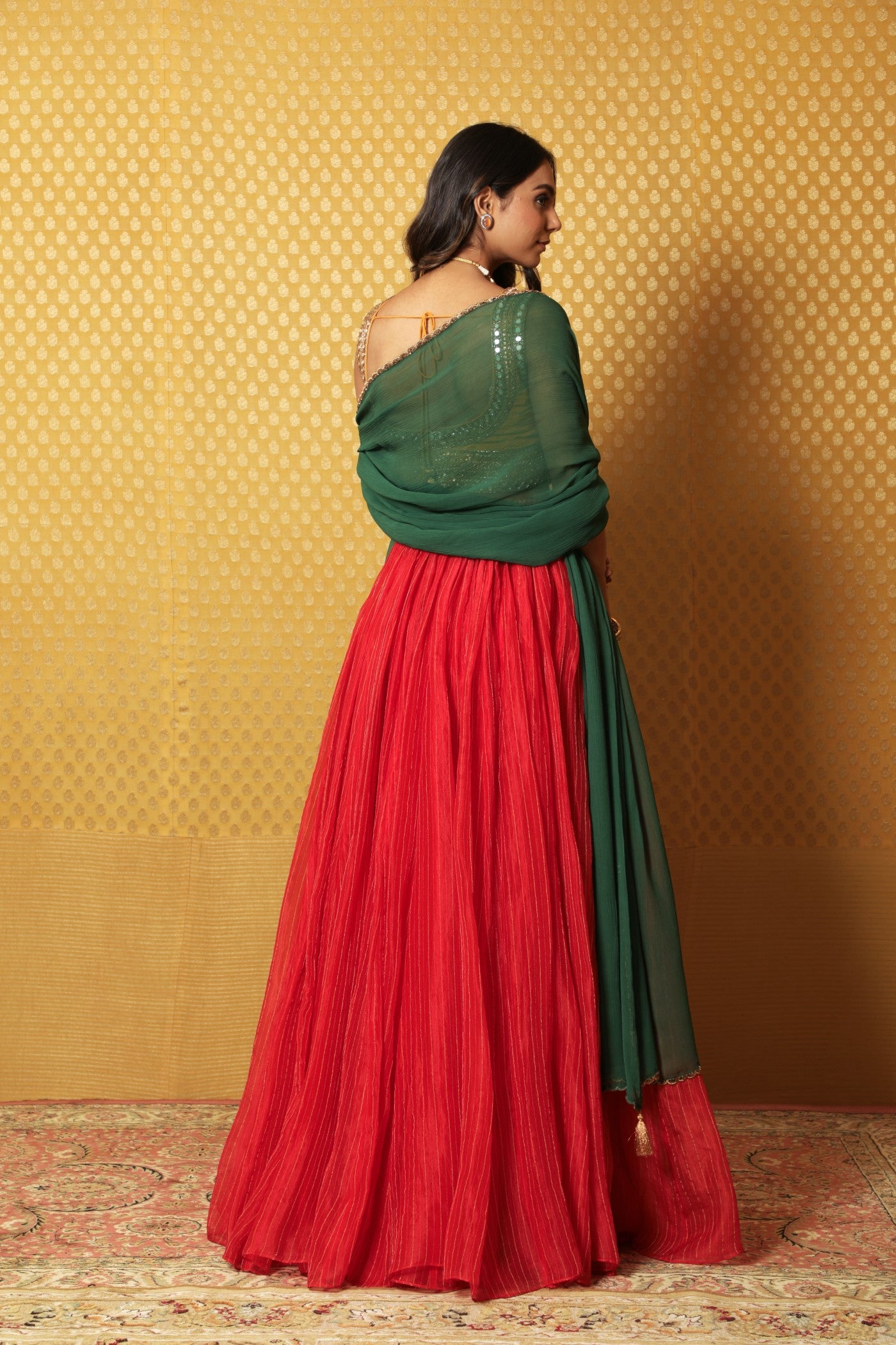 Hand-Embroidered Tomato-Red Striped Pure Silk-Organza Lehenga Paired With Pure Crepe-Silk Blouse & Chiffon Dupatta (Tomato-Red, Mustard & Green)