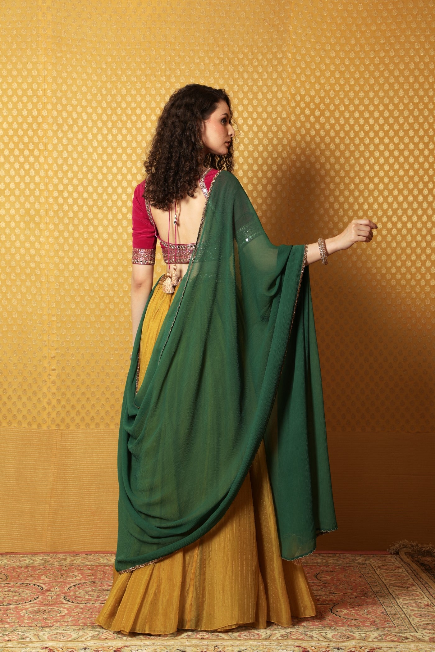 Hand-Embroidered Dusty-Lime Striped Pure Silk-Organza Lehenga Paired With Pure Crepe-Silk Blouse & Chiffon Dupatta (Dusty-Lime, Majenta & Green)