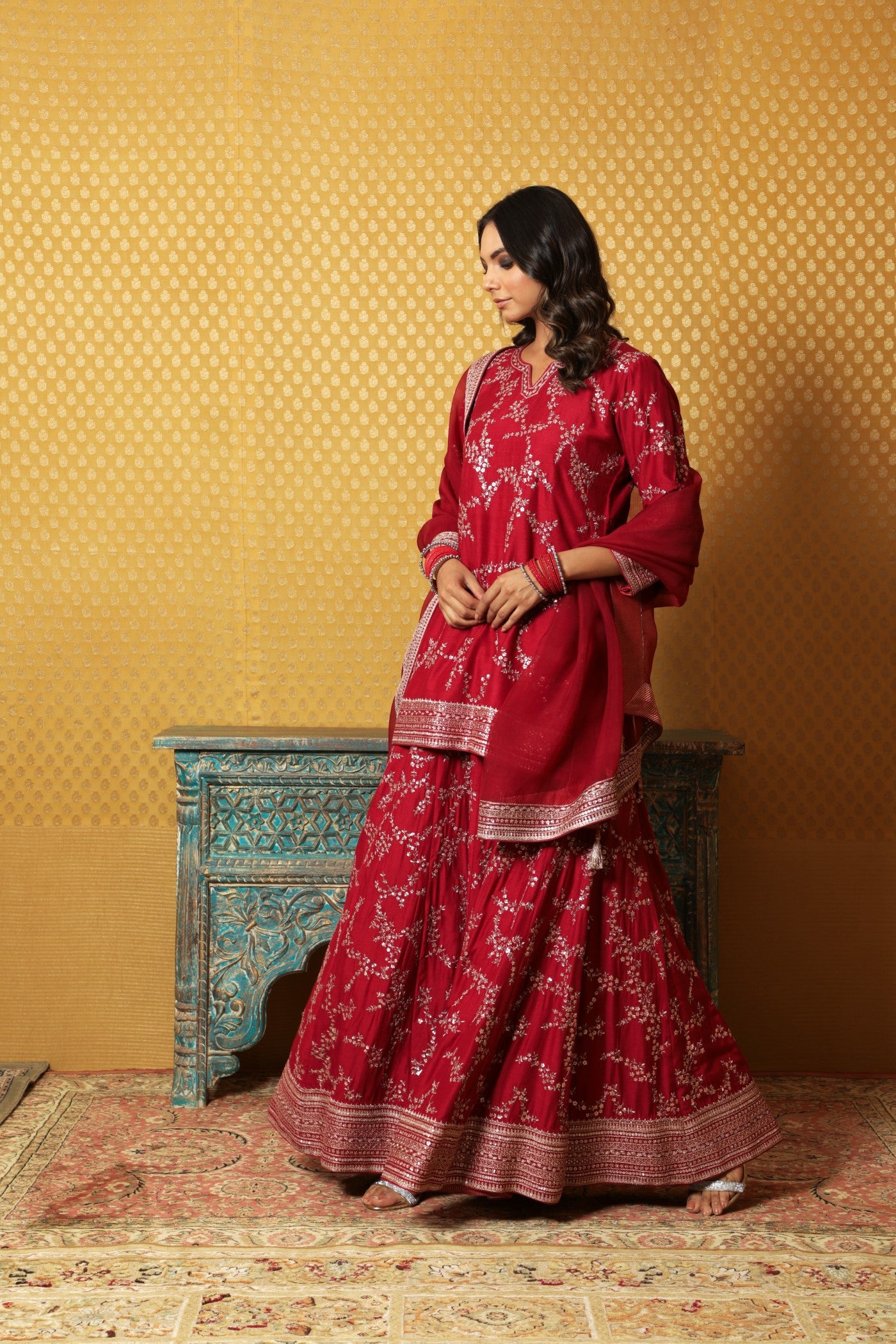 Hand-Embroidered Maroon Pure Muga-Silk Short-Kurta-Sharara Set