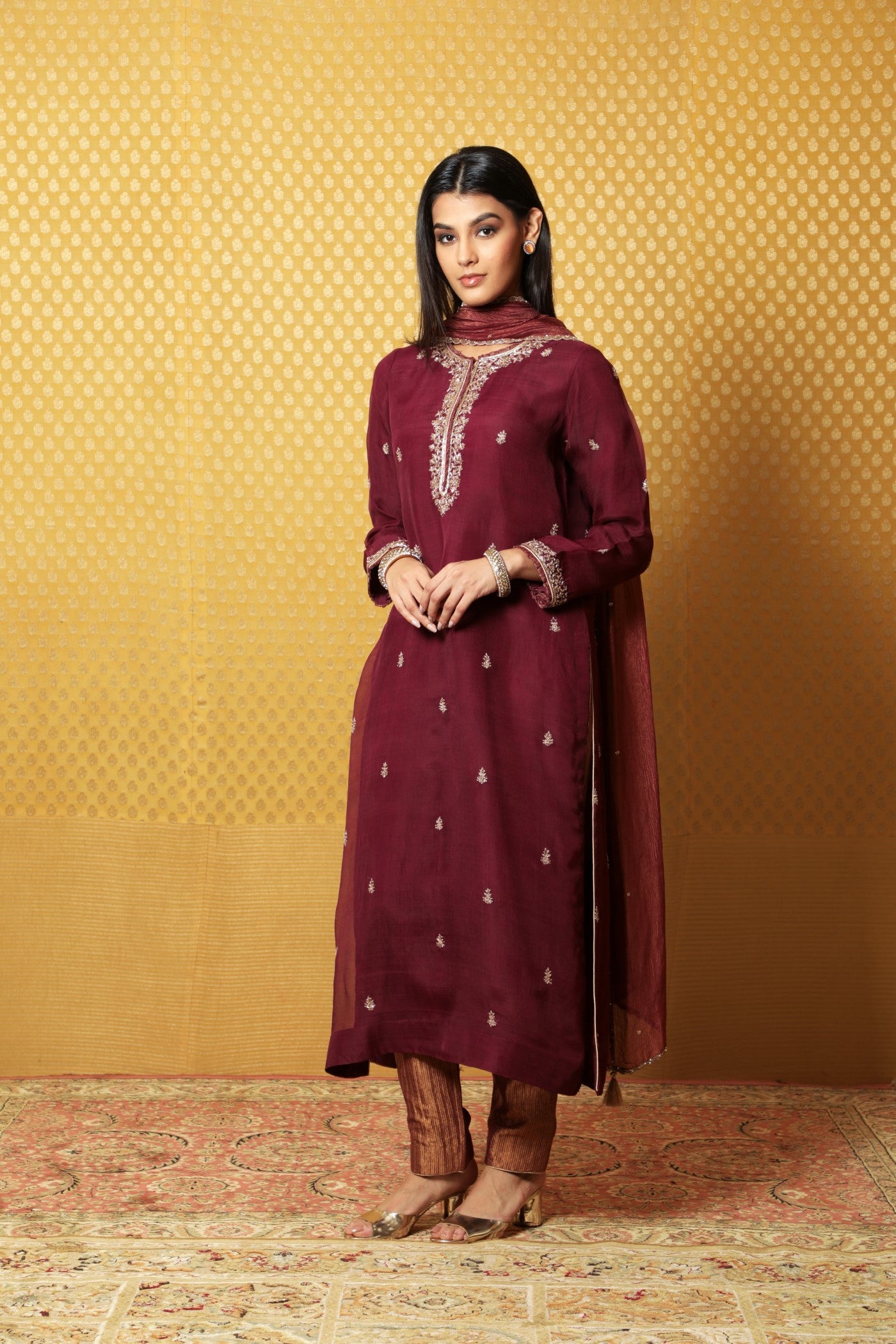 Hand-Embroidered Deep-Wine Pure Katan- Silk Kurta-Pants Set