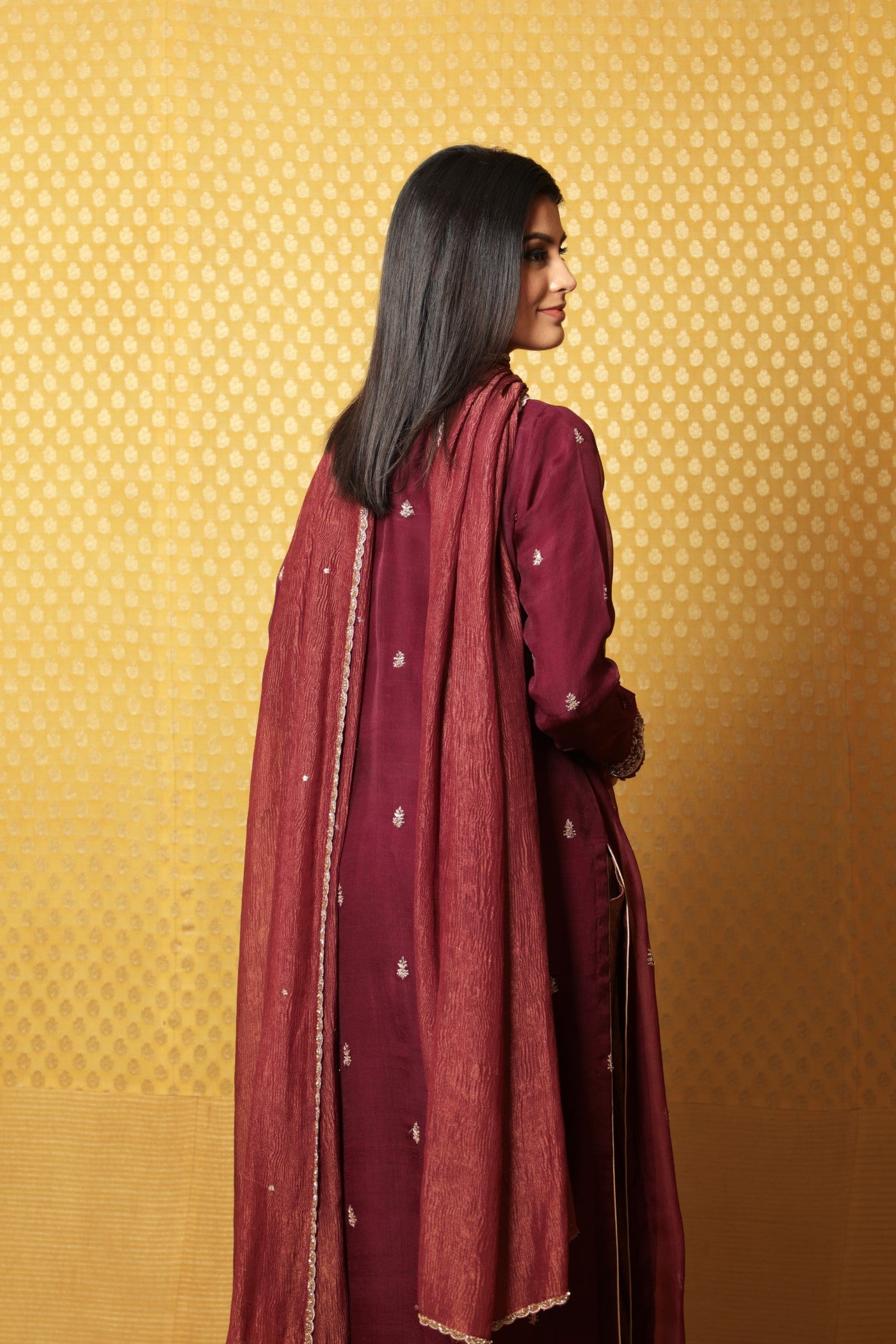 Hand-Embroidered Deep-Wine Pure Katan- Silk Kurta-Pants Set