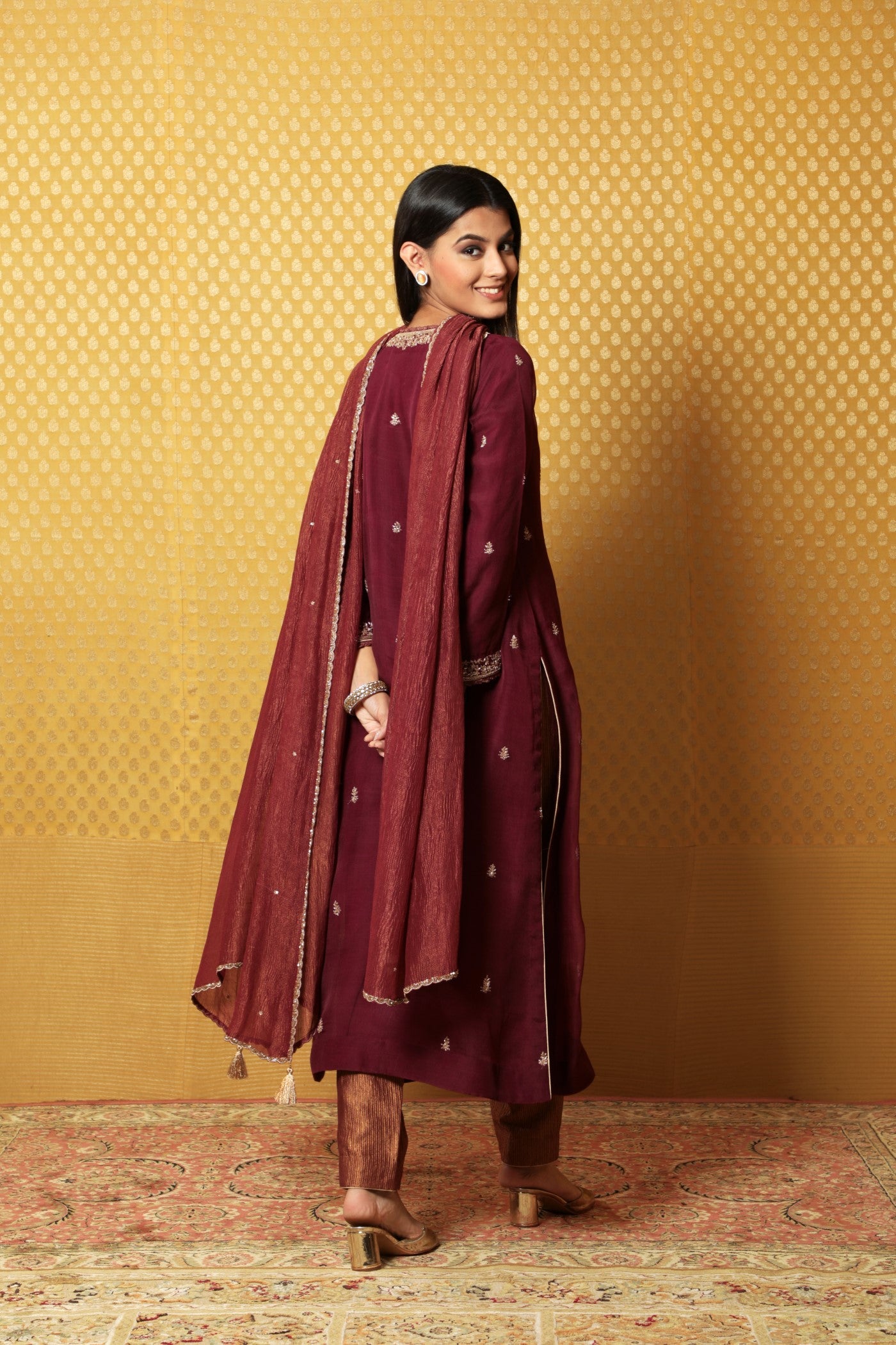 Hand-Embroidered Deep-Wine Pure Katan- Silk Kurta-Pants Set