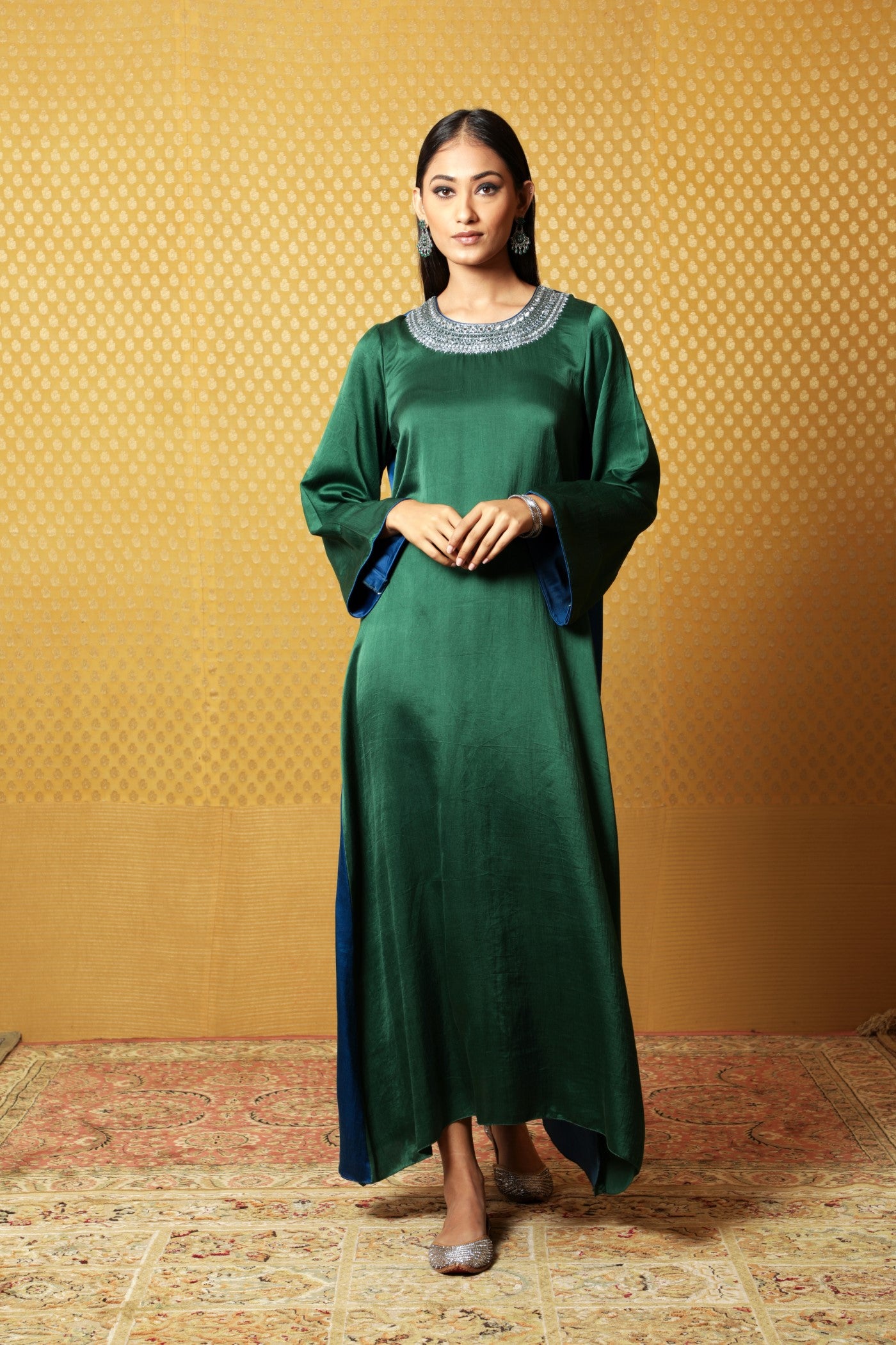 Royal-Blue & Bottle-Green Hand- Embroidered Handloom Pure Mashru Long Dress
