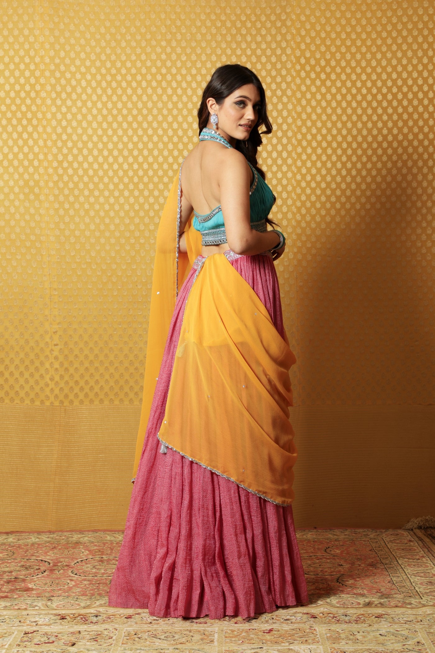 Hand-Embroidered Pink & Sea-Blue Pure Cotton-Silk With Metallic Checks Lehenga Paired With Georgette Blouse & Chiffon Dupatta
(Pink, Sea-Blue & Sunset-Yellow))