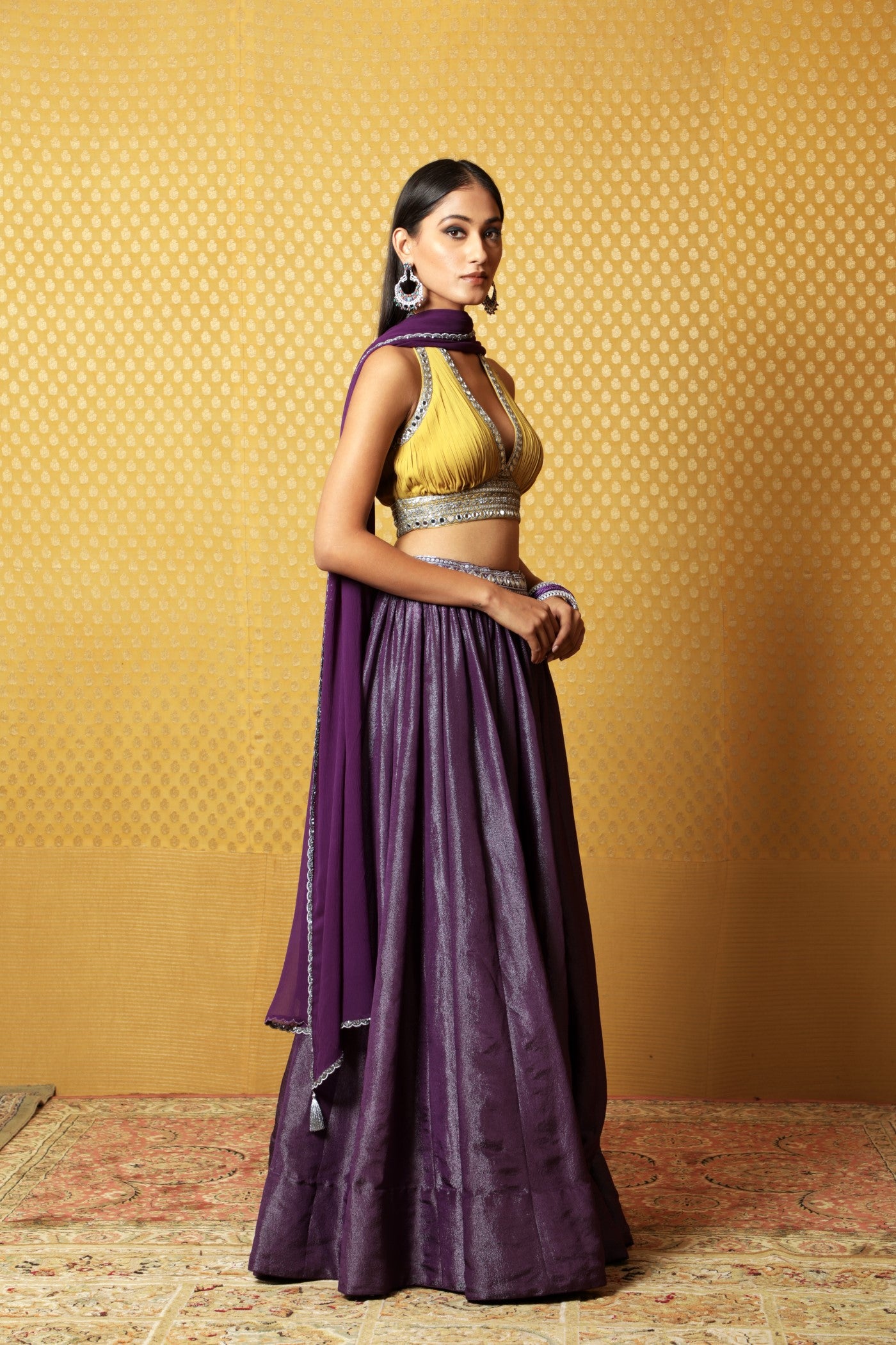 Hand-Embroidered Aubergine Silk-Tissue Lehenga Paired With Georgette Blouse & Chiffon Dupatta
(Aubergine & Mustard)