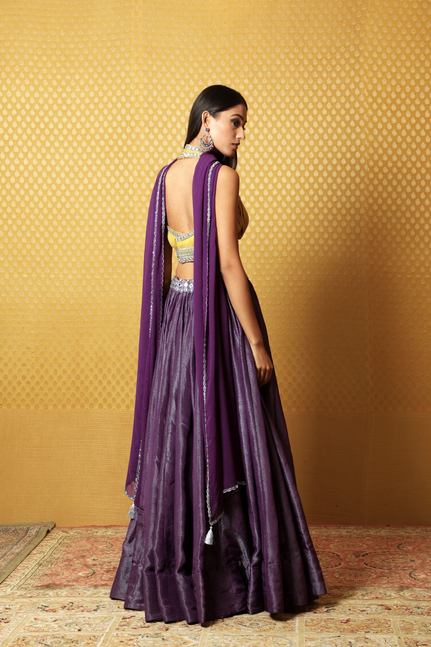 Hand-Embroidered Aubergine Silk-Tissue Lehenga Paired With Georgette Blouse & Chiffon Dupatta
(Aubergine & Mustard)