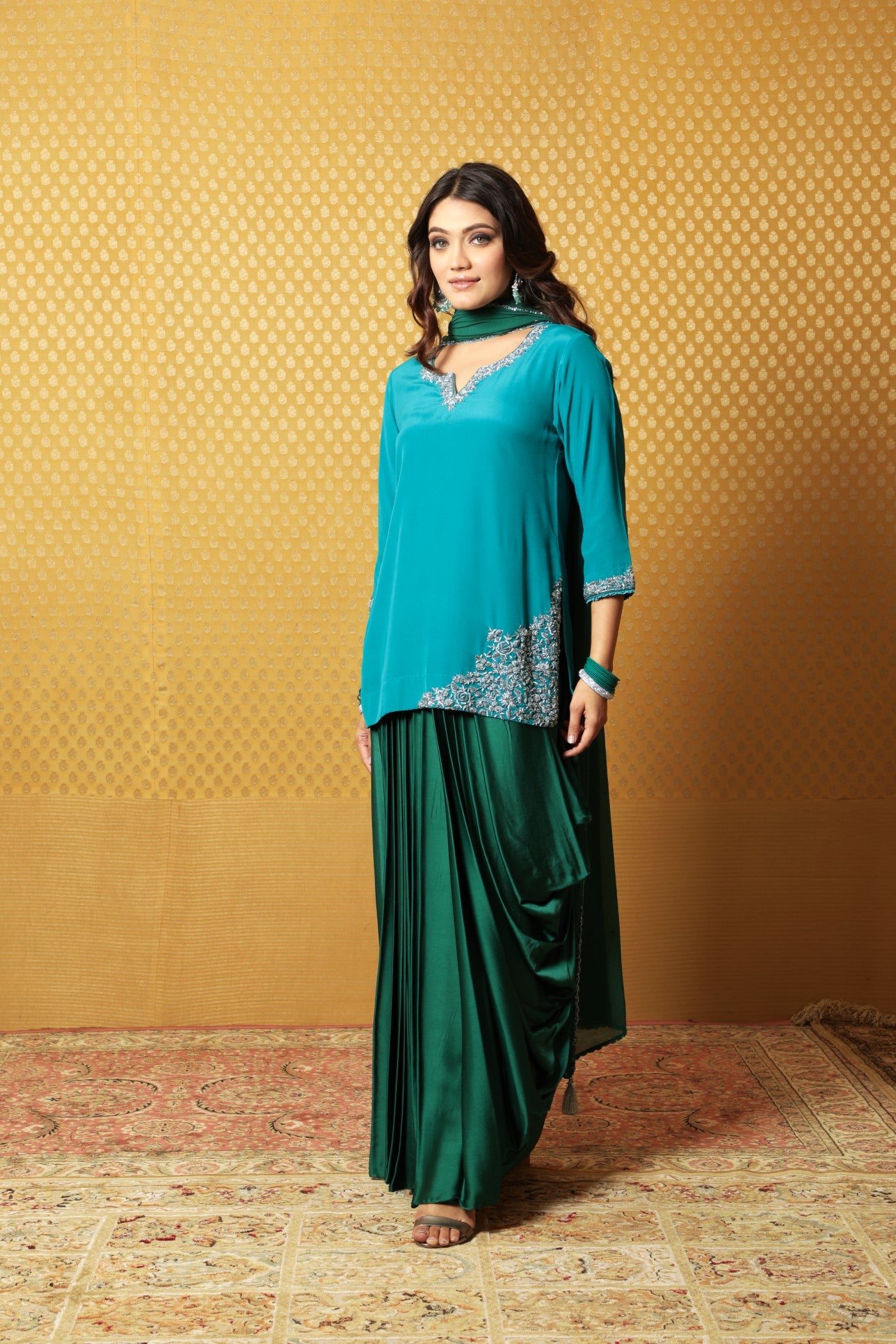 Hand-Embroidered Enamel-Blue Pure Crepe-Silk Short Kurta-Draped Skirt Set