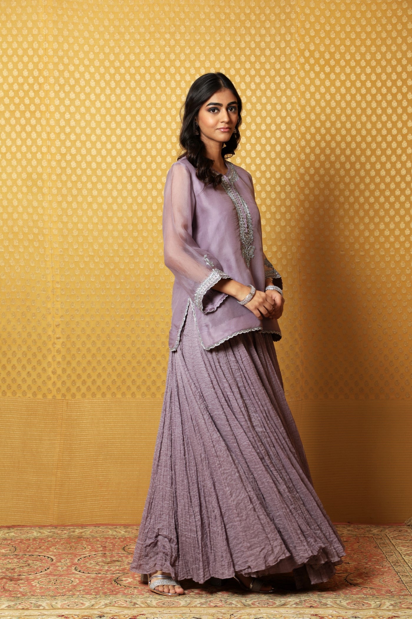 Hand-Embroidered Lavender Pure Silk- Organza Kurta-Lehenga Set