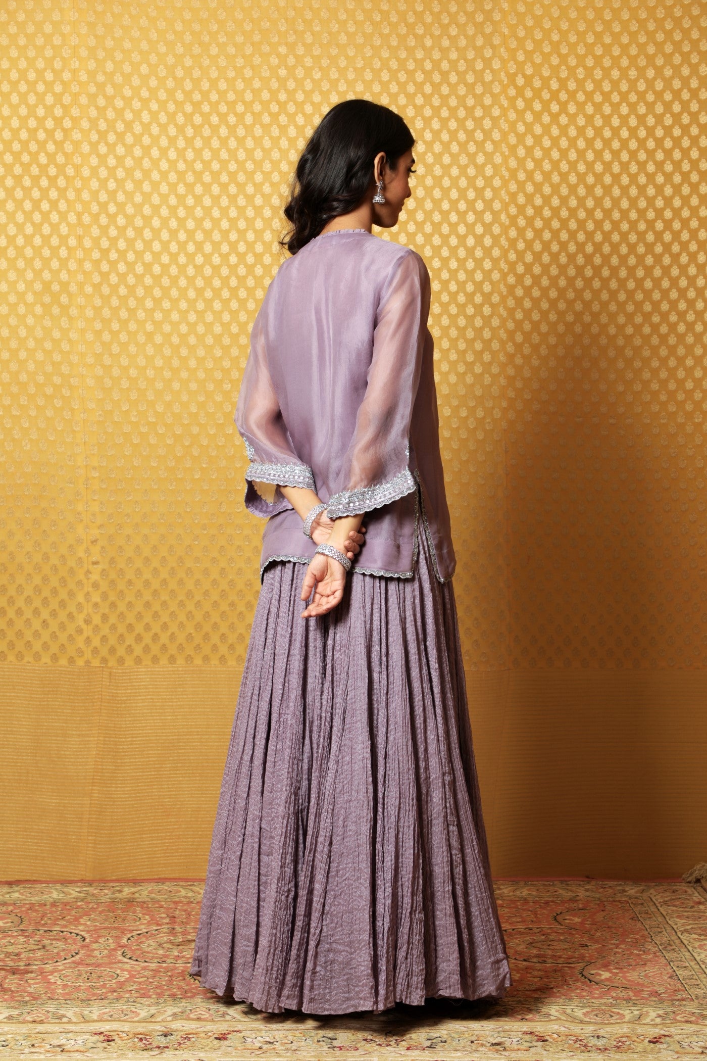 Hand-Embroidered Lavender Pure Silk- Organza Kurta-Lehenga Set