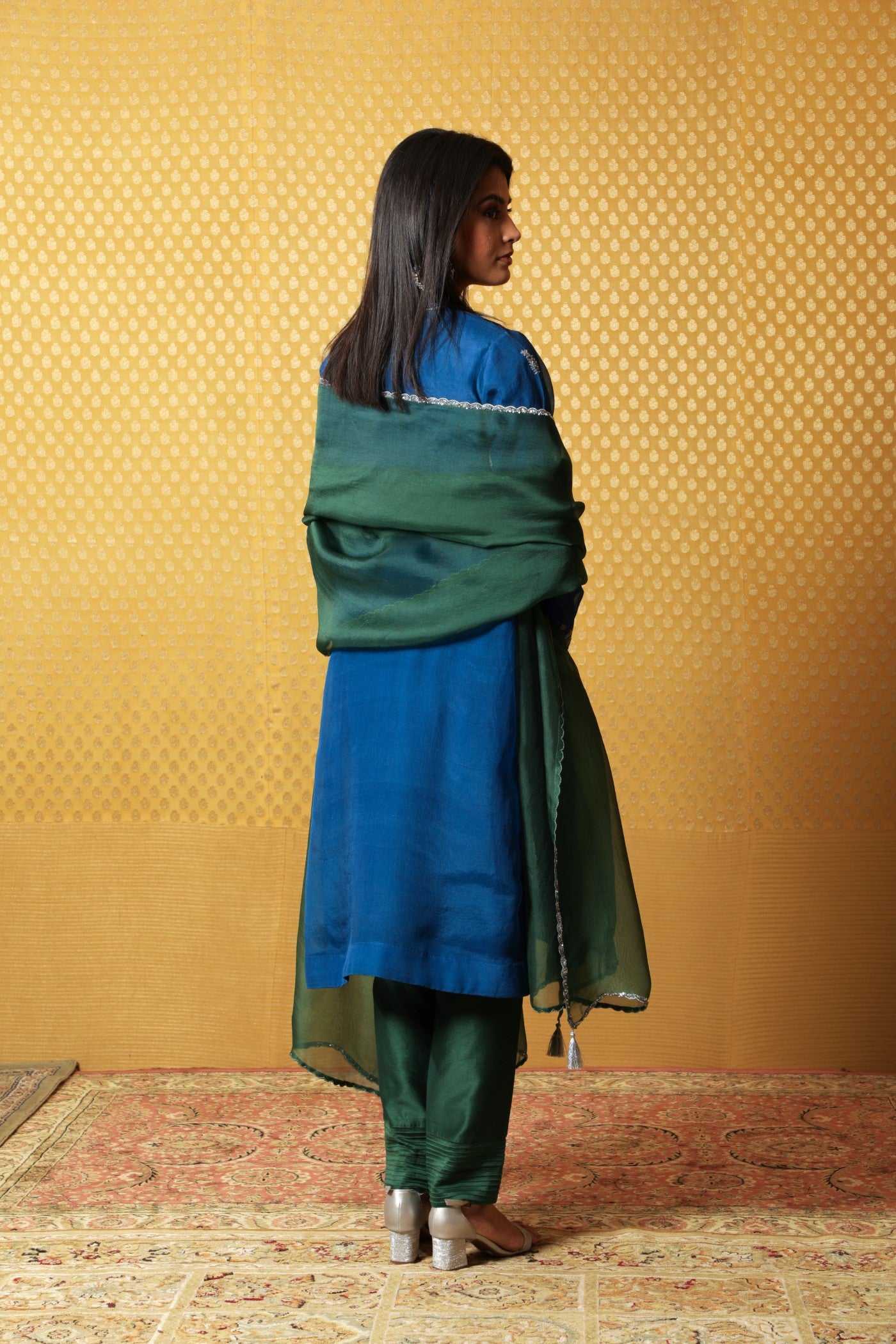 Hand-Embroidered Royal-Blue Pure Katan- Silk Kurta-Pants Set