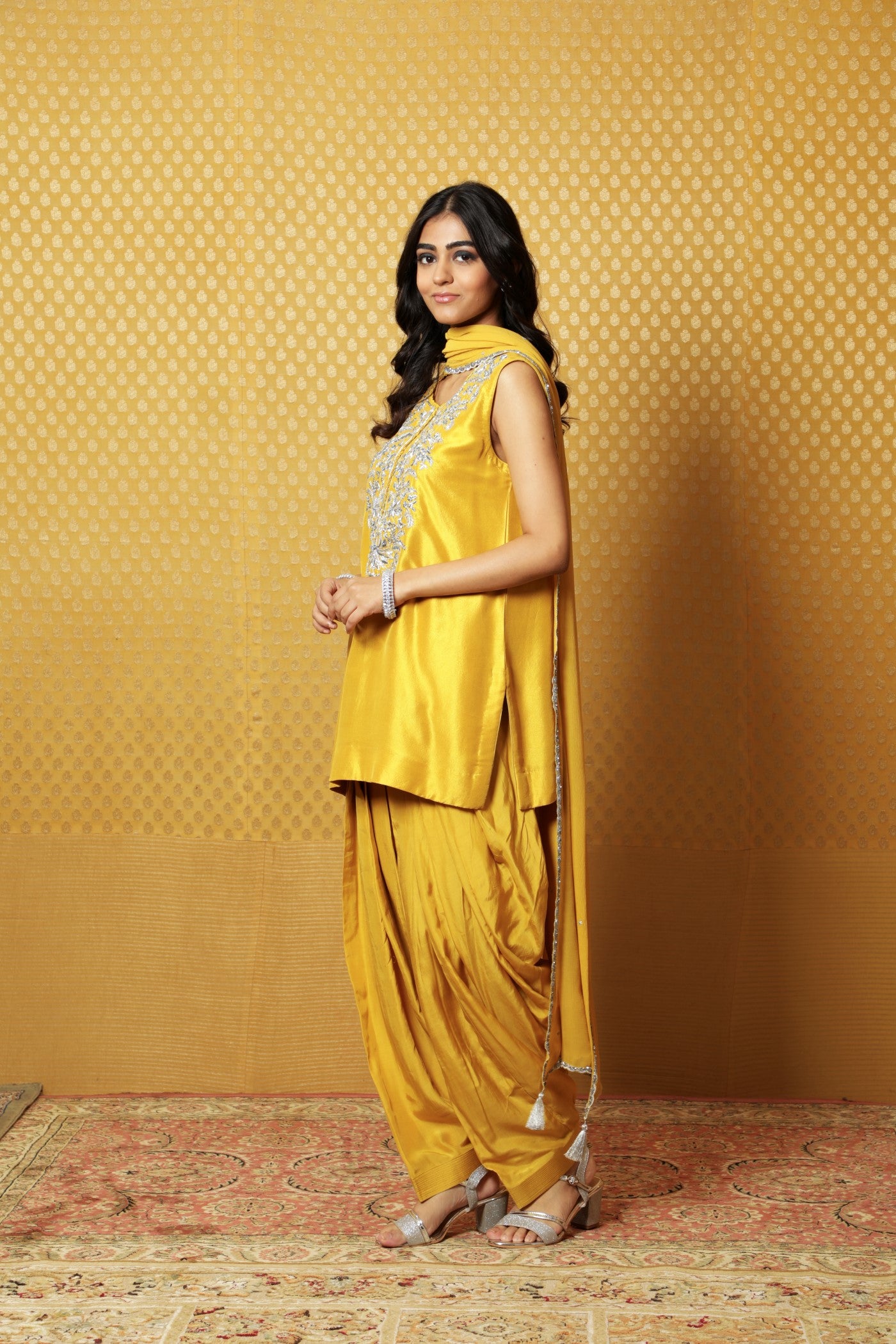 Hand-Embroidered Sulphur-Yellow Pure Raw-Silk Kurta-Patiala Salwar Set