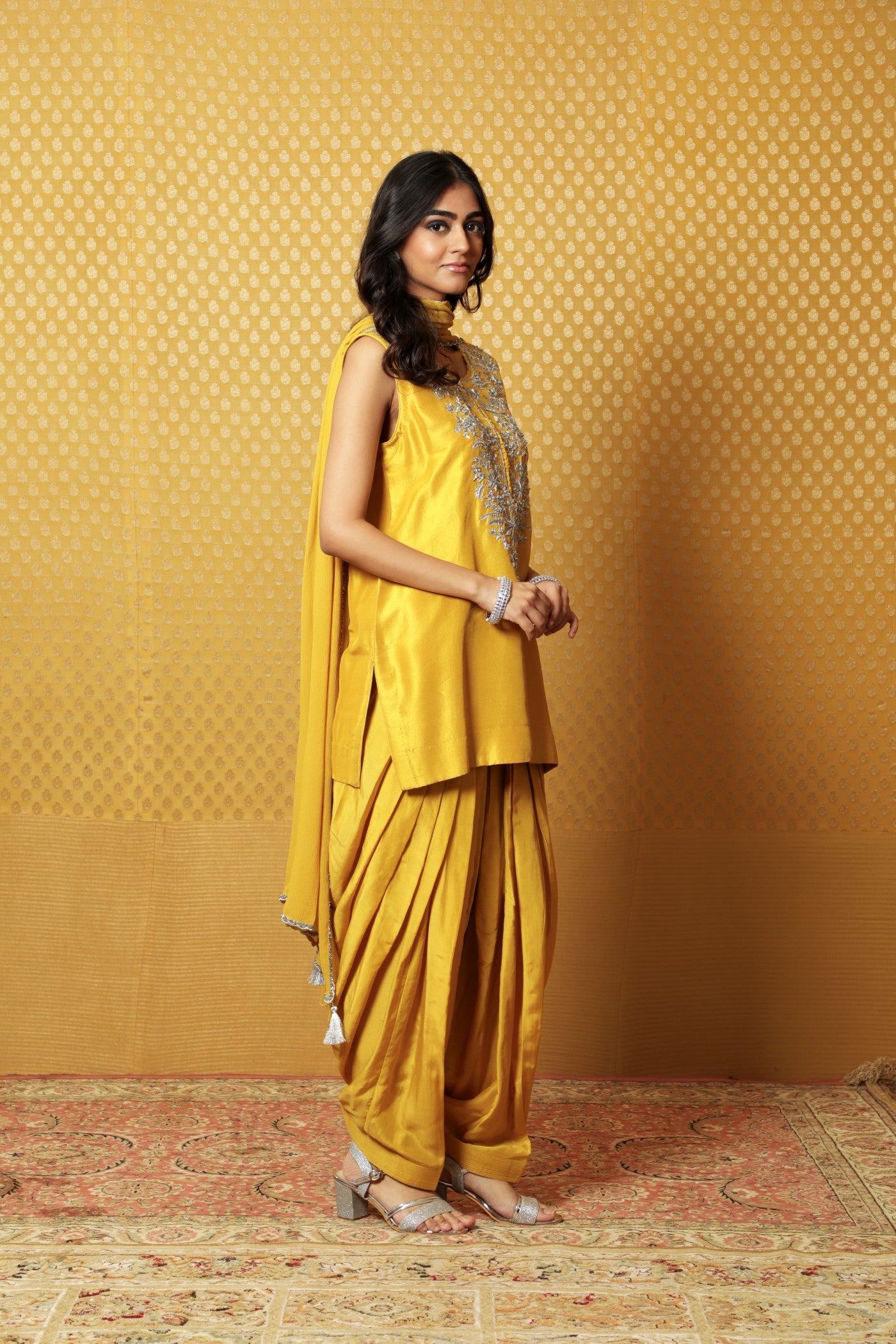 Hand-Embroidered Sulphur-Yellow Pure Raw-Silk Kurta-Patiala Salwar Set