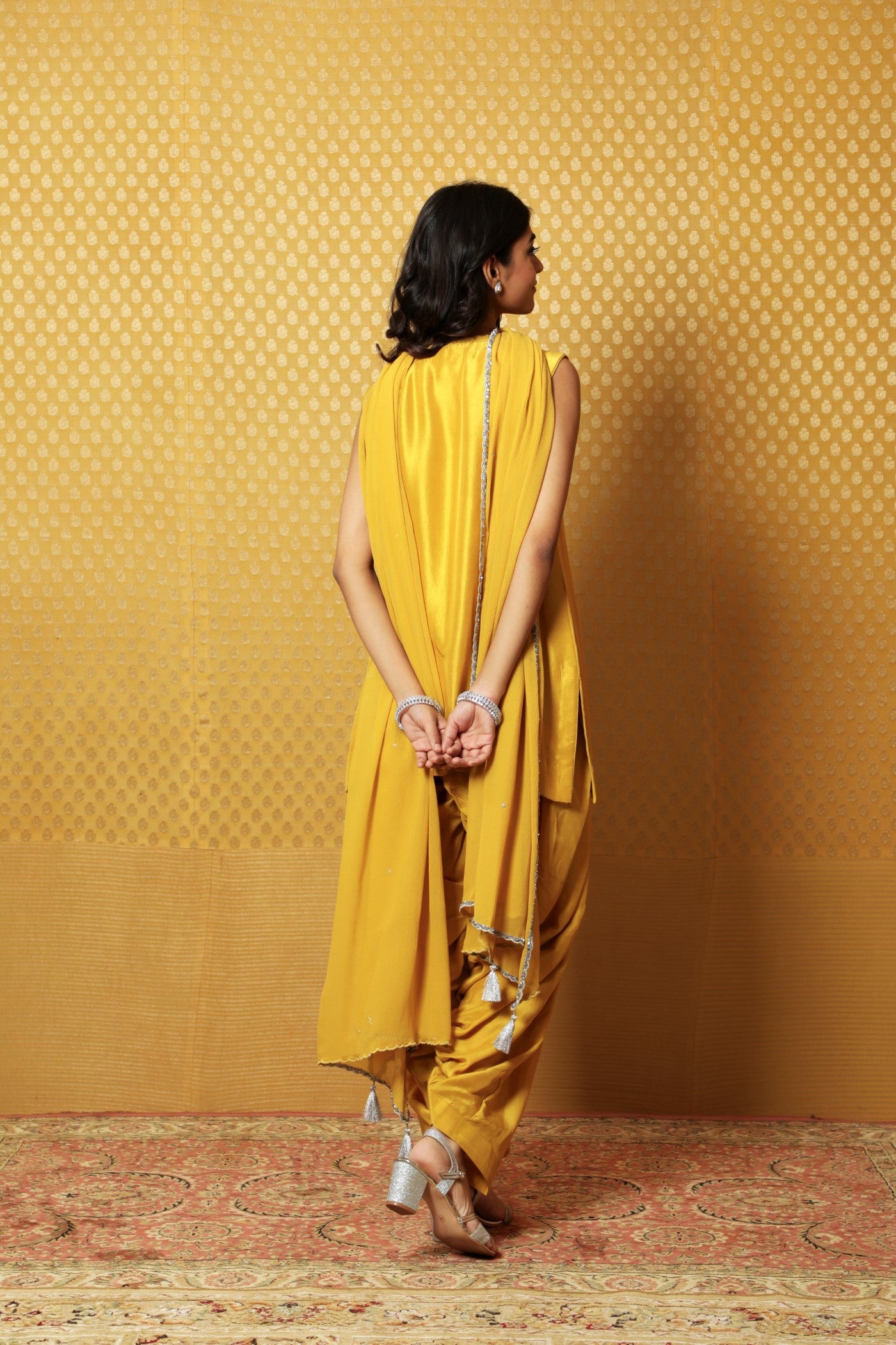 Hand-Embroidered Sulphur-Yellow Pure Raw-Silk Kurta-Patiala Salwar Set