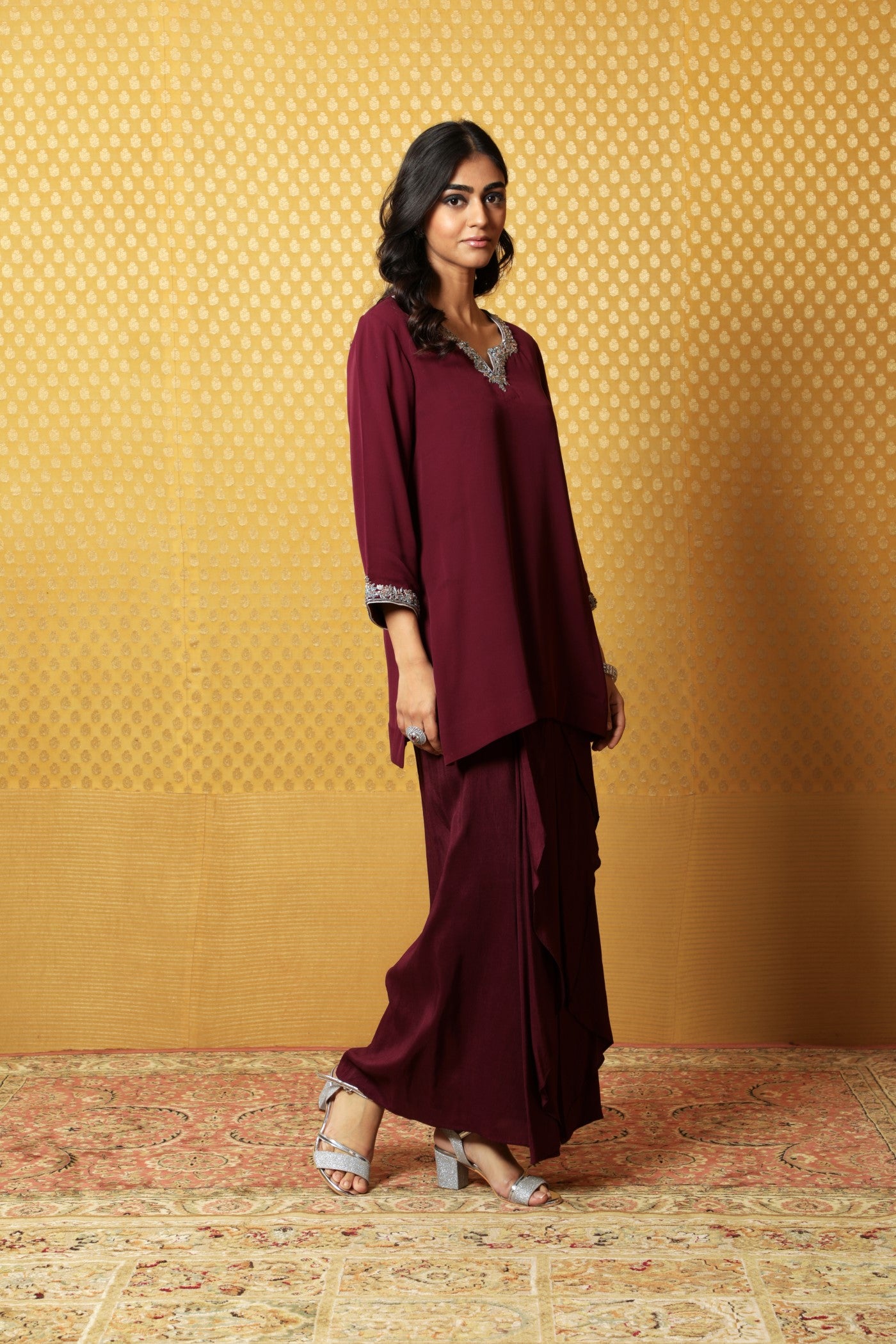 Hand-Embroidered Deep Wine Pure Crepe- Silk Short Kurta-Draped Skirt Set