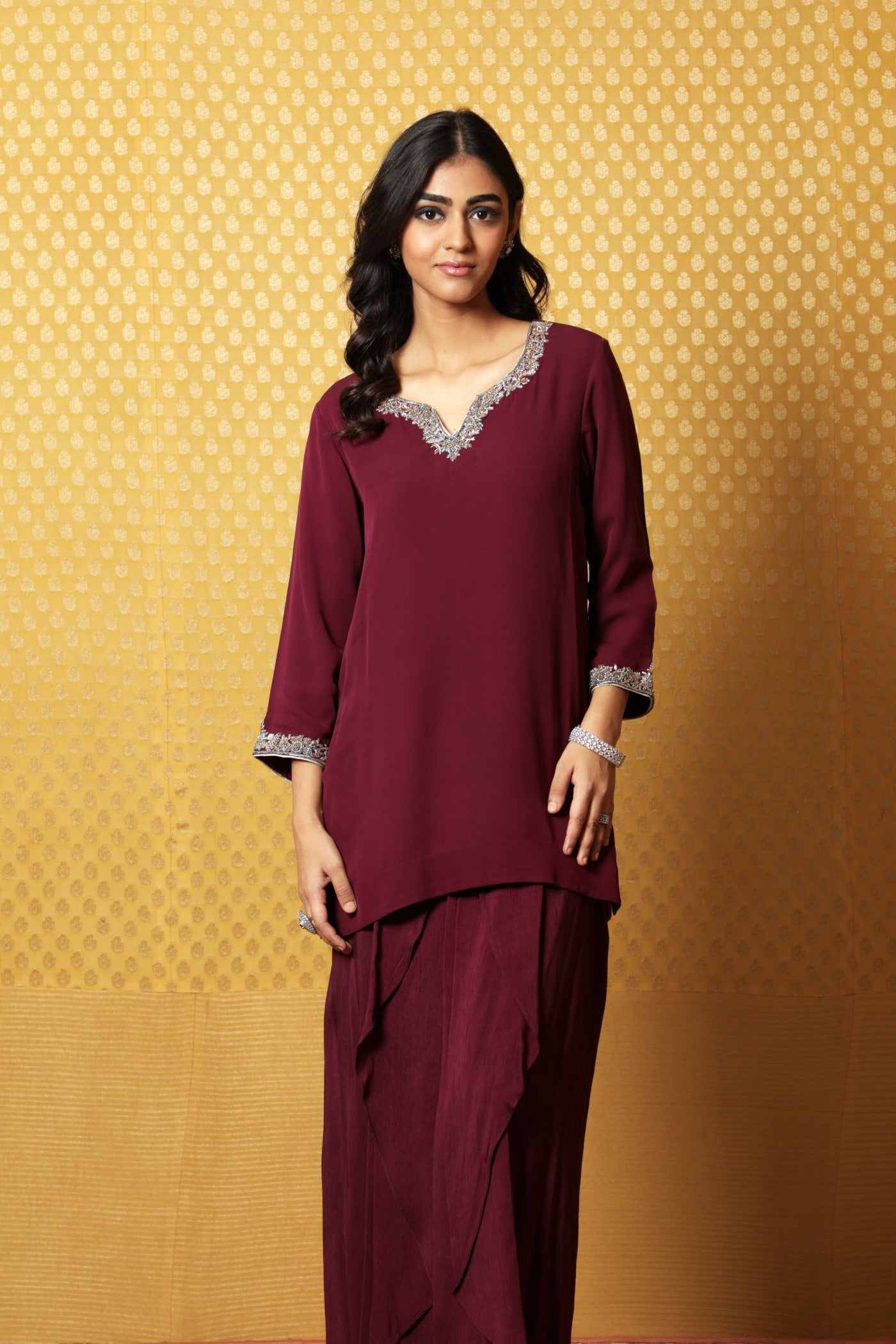 Hand-Embroidered Deep Wine Pure Crepe- Silk Short Kurta-Draped Skirt Set