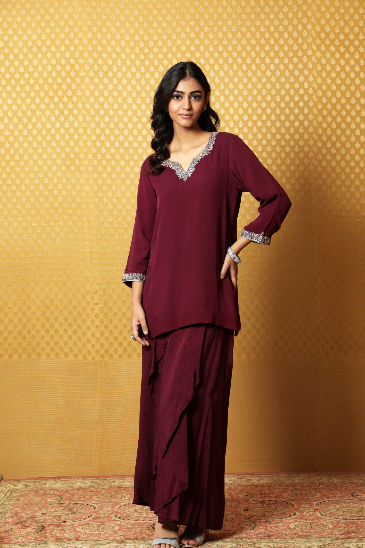 Hand-Embroidered Deep Wine Pure Crepe- Silk Short Kurta-Draped Skirt Set