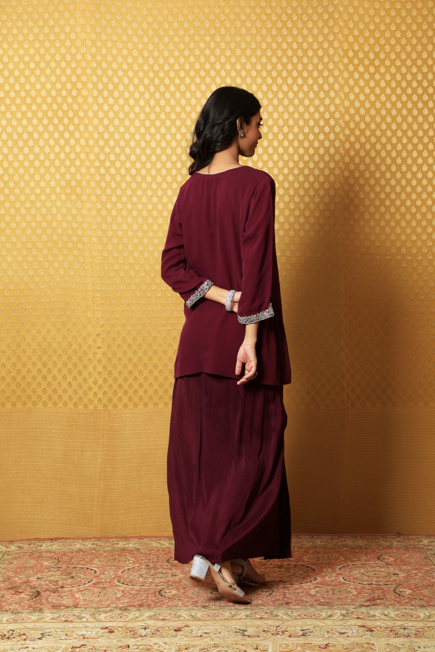 Hand-Embroidered Deep Wine Pure Crepe- Silk Short Kurta-Draped Skirt Set