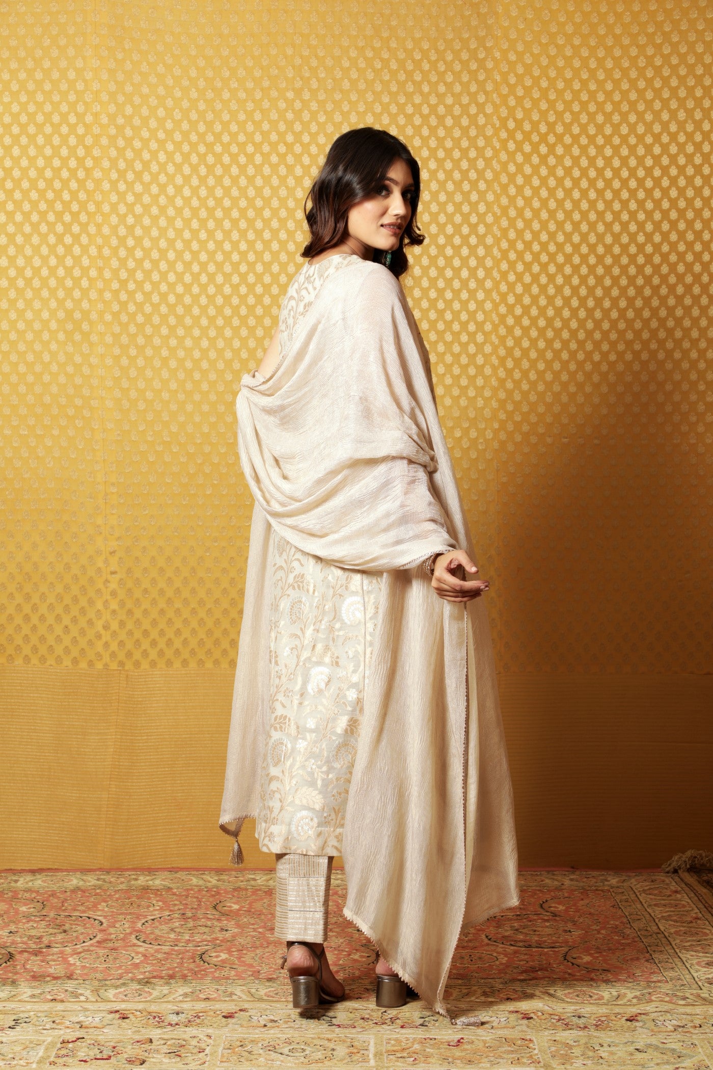 Hand-Embroidered Light Beige-Grey Pure Silk-Cotton (All-Over Jangla) Kurta-Pants Set