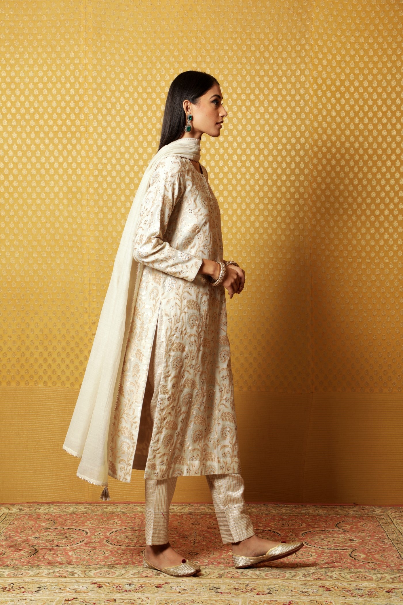 Hand-Embroidered Light Beige-Grey Pure Silk-Cotton (All-Over Jangla) Kurta-Pants Set