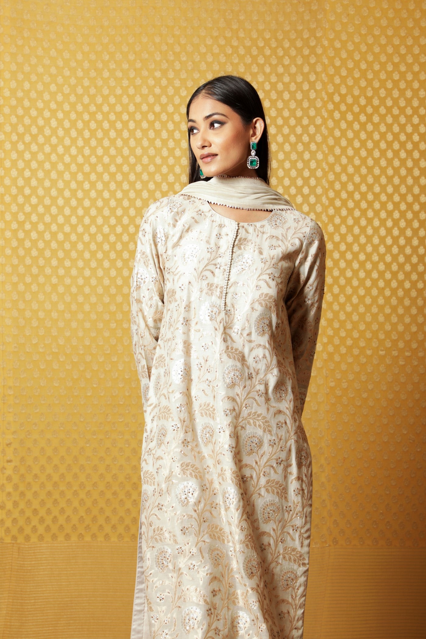 Hand-Embroidered Light Beige-Grey Pure Silk-Cotton (All-Over Jangla) Kurta-Pants Set