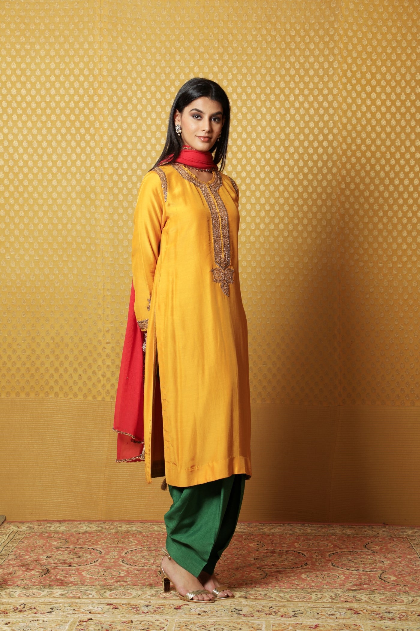 Hand-Embroidered Mango-Yellow Muga- Silk Kurta-Salwar Set