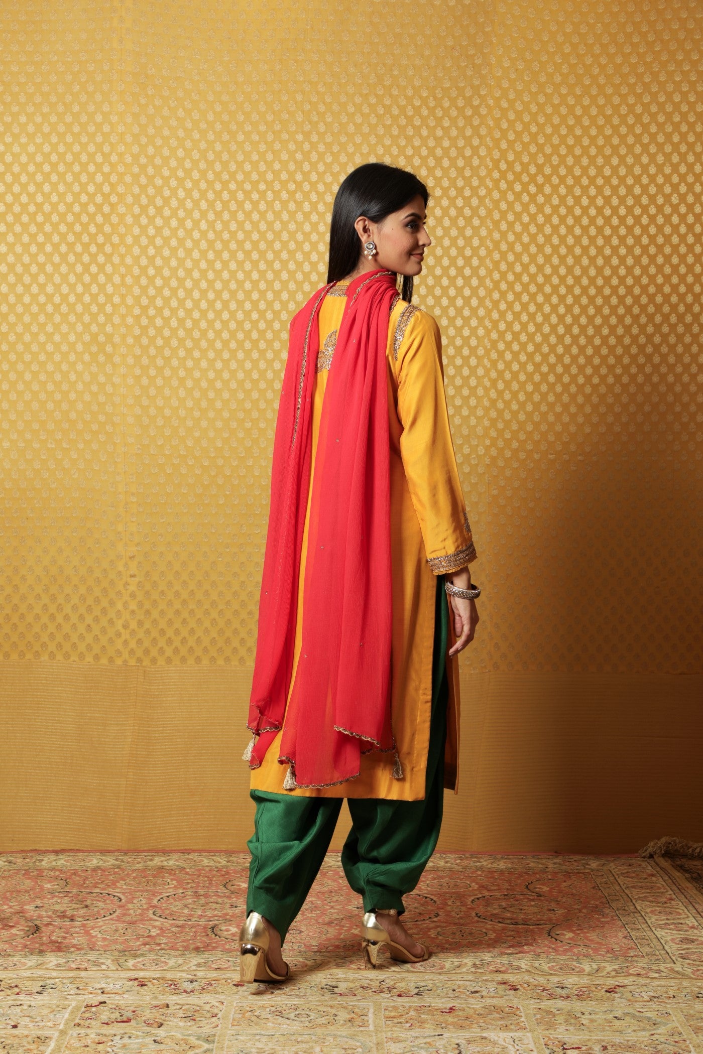 Hand-Embroidered Mango-Yellow Muga- Silk Kurta-Salwar Set