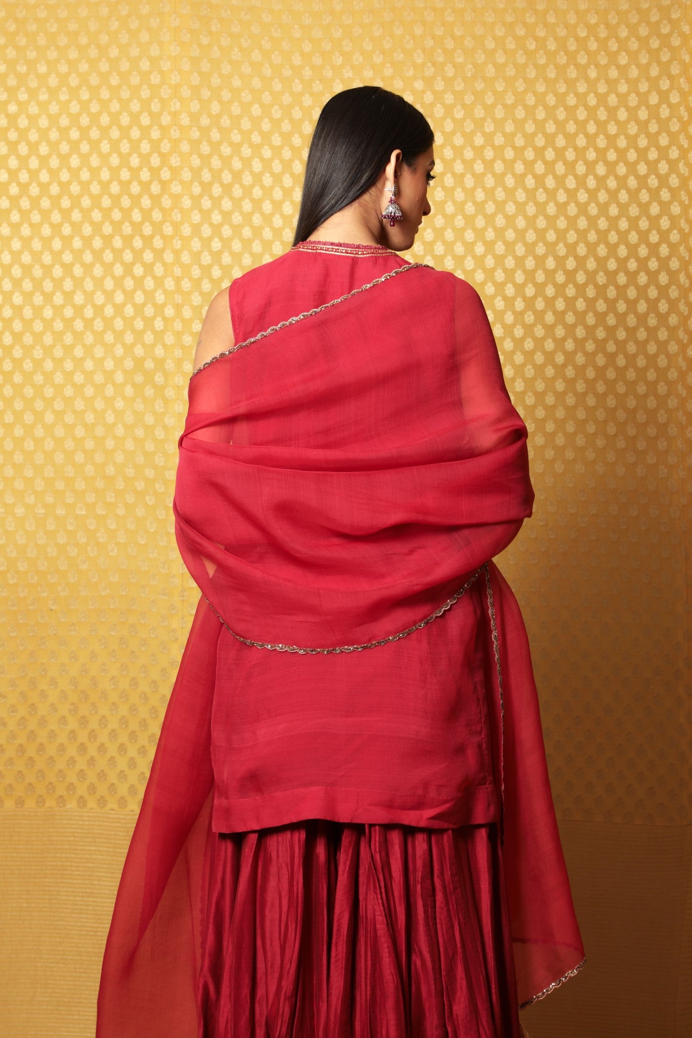 Hand-Embroidered Maroon Pure Katan- Silk Kurta-Sharara Set