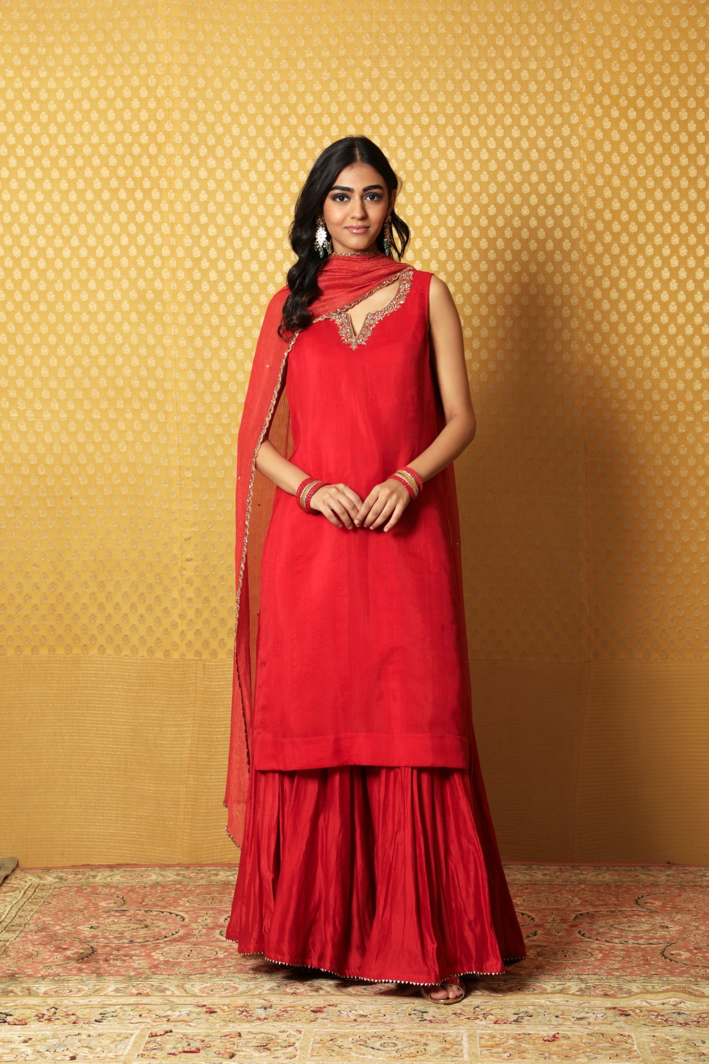 Hand-Embroidered Red Pure Katan-Silk Kurta-Sharara Set