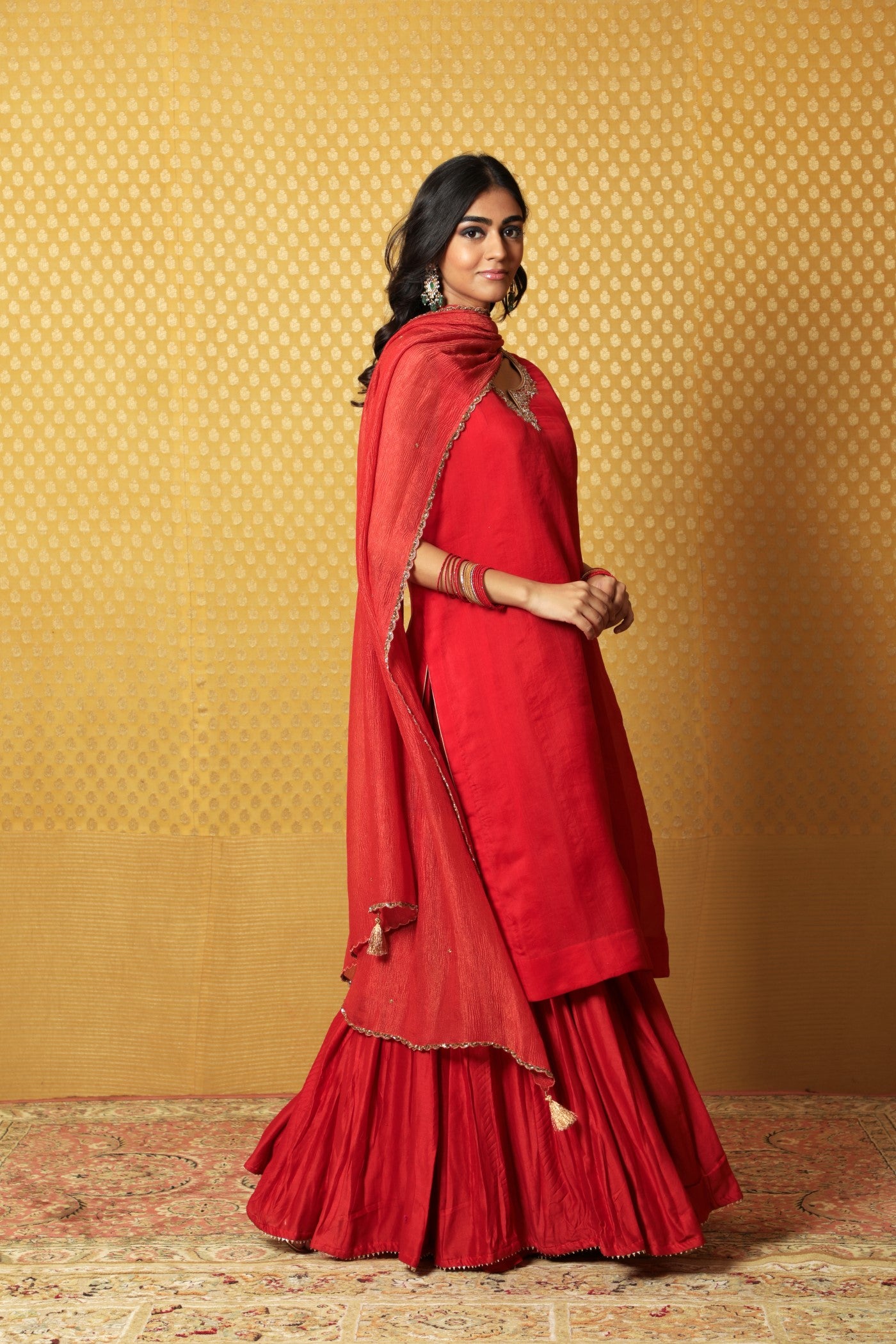 Hand-Embroidered Red Pure Katan-Silk Kurta-Sharara Set