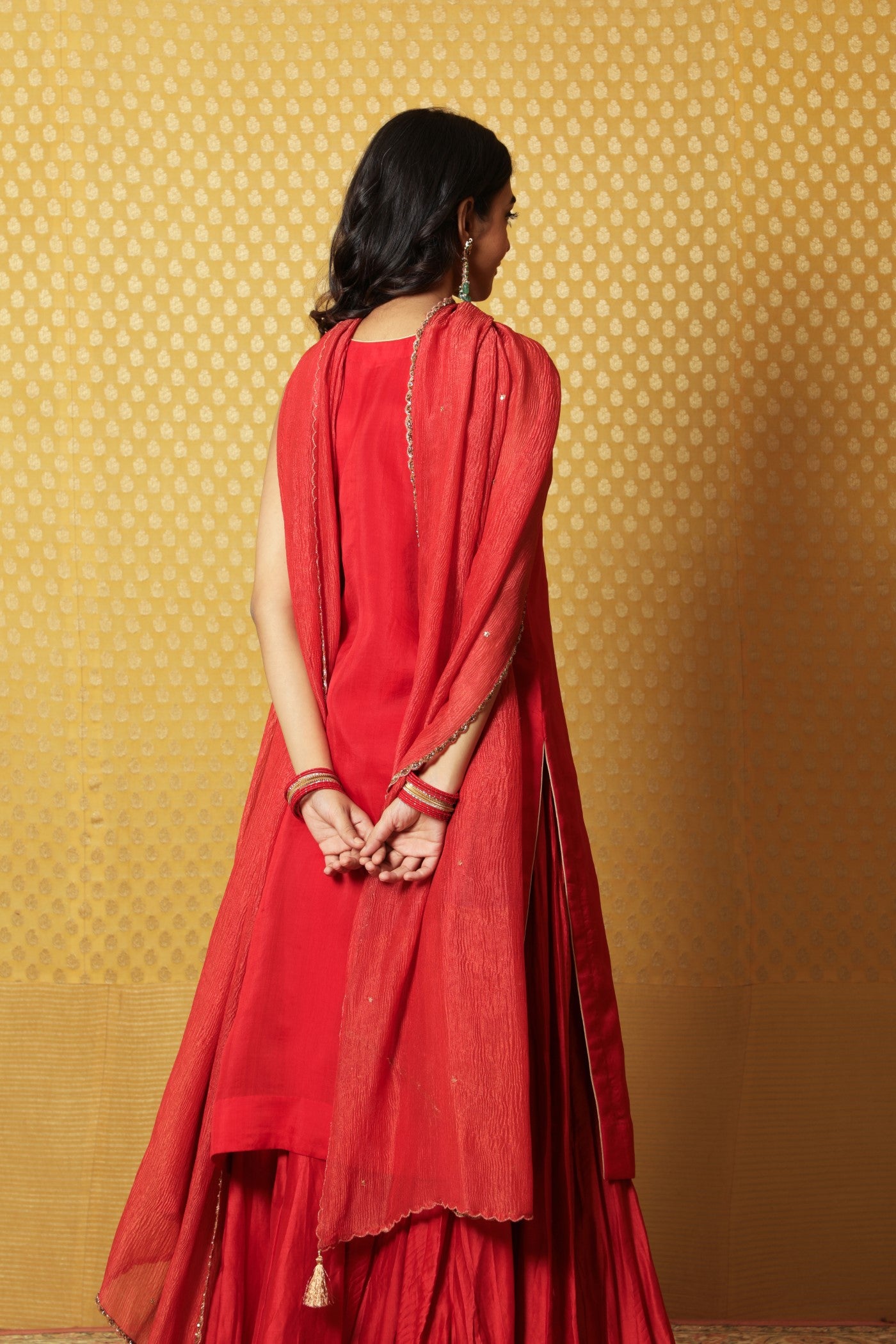 Hand-Embroidered Red Pure Katan-Silk Kurta-Sharara Set