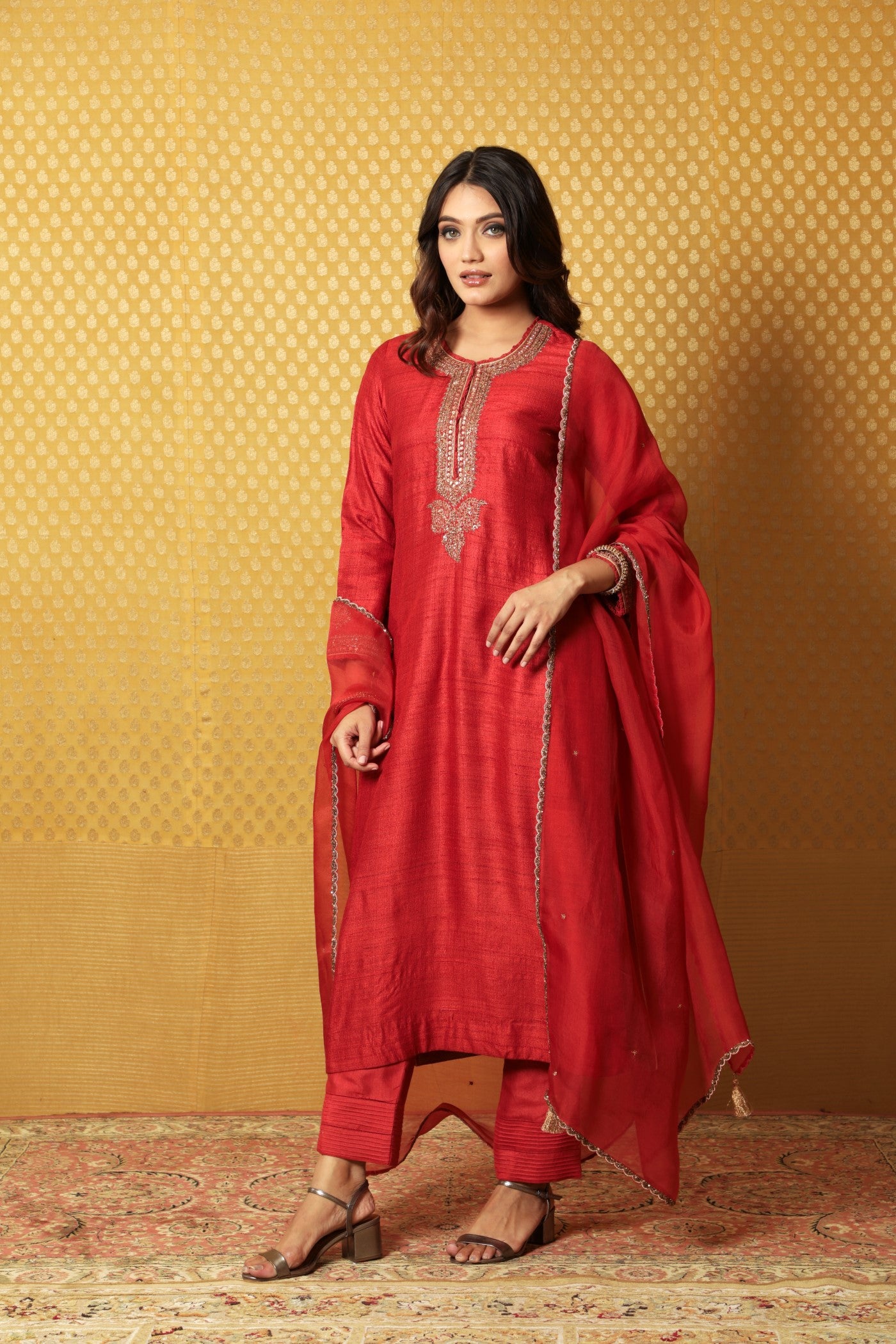 Hand-Embroidered Aurora-Red Pure Tussar-Georgette Kurta-Pants Set