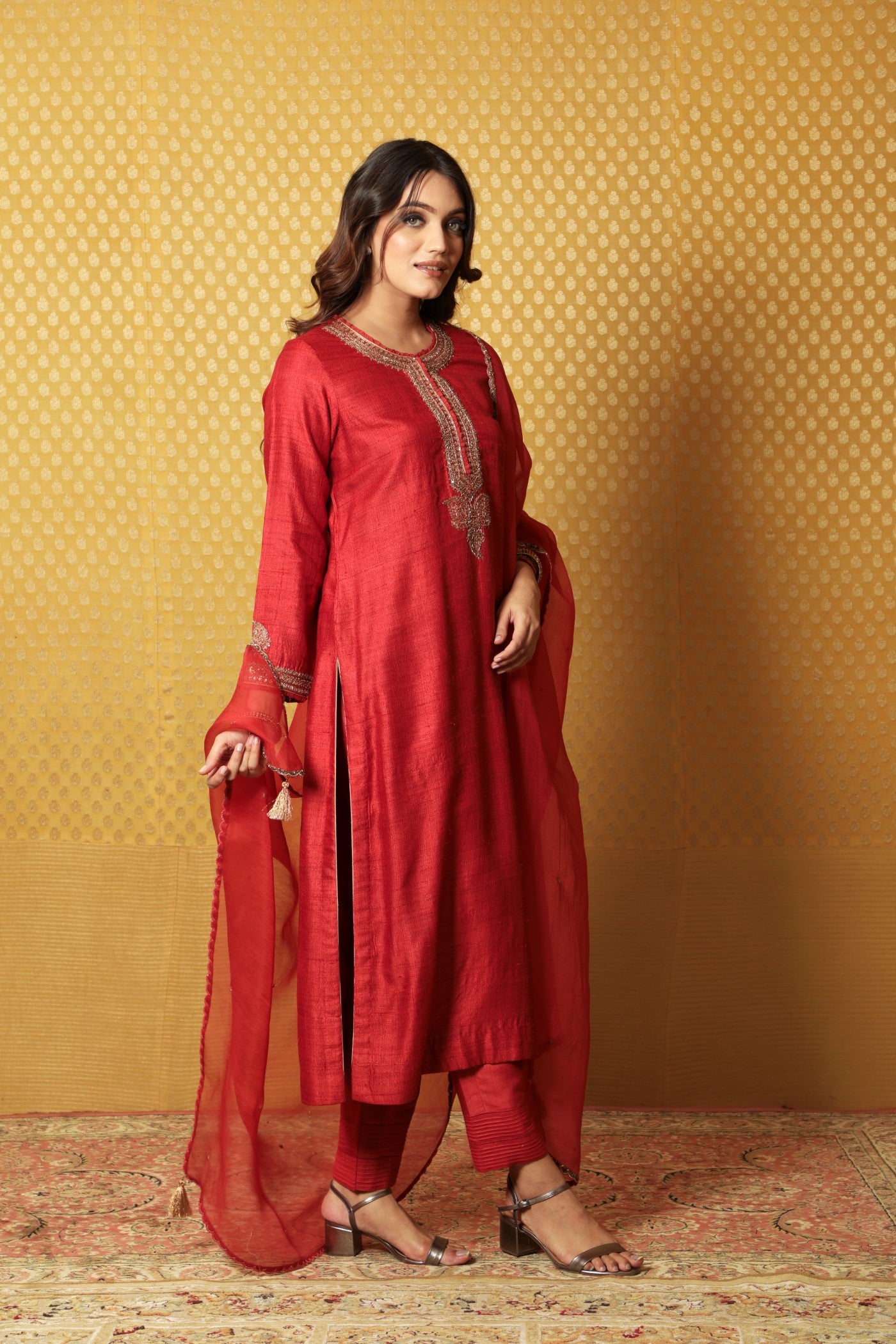 Hand-Embroidered Aurora-Red Pure Tussar-Georgette Kurta-Pants Set