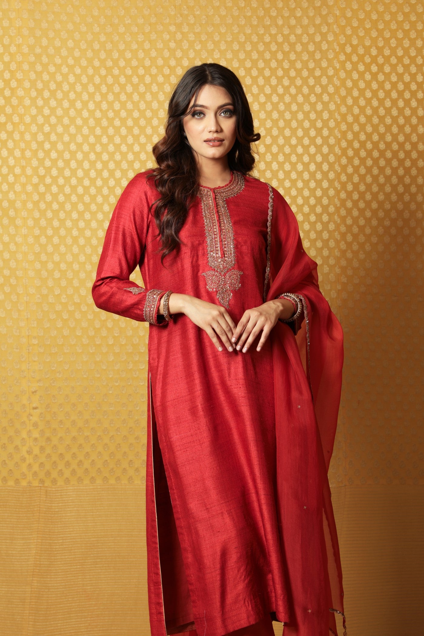 Hand-Embroidered Aurora-Red Pure Tussar-Georgette Kurta-Pants Set