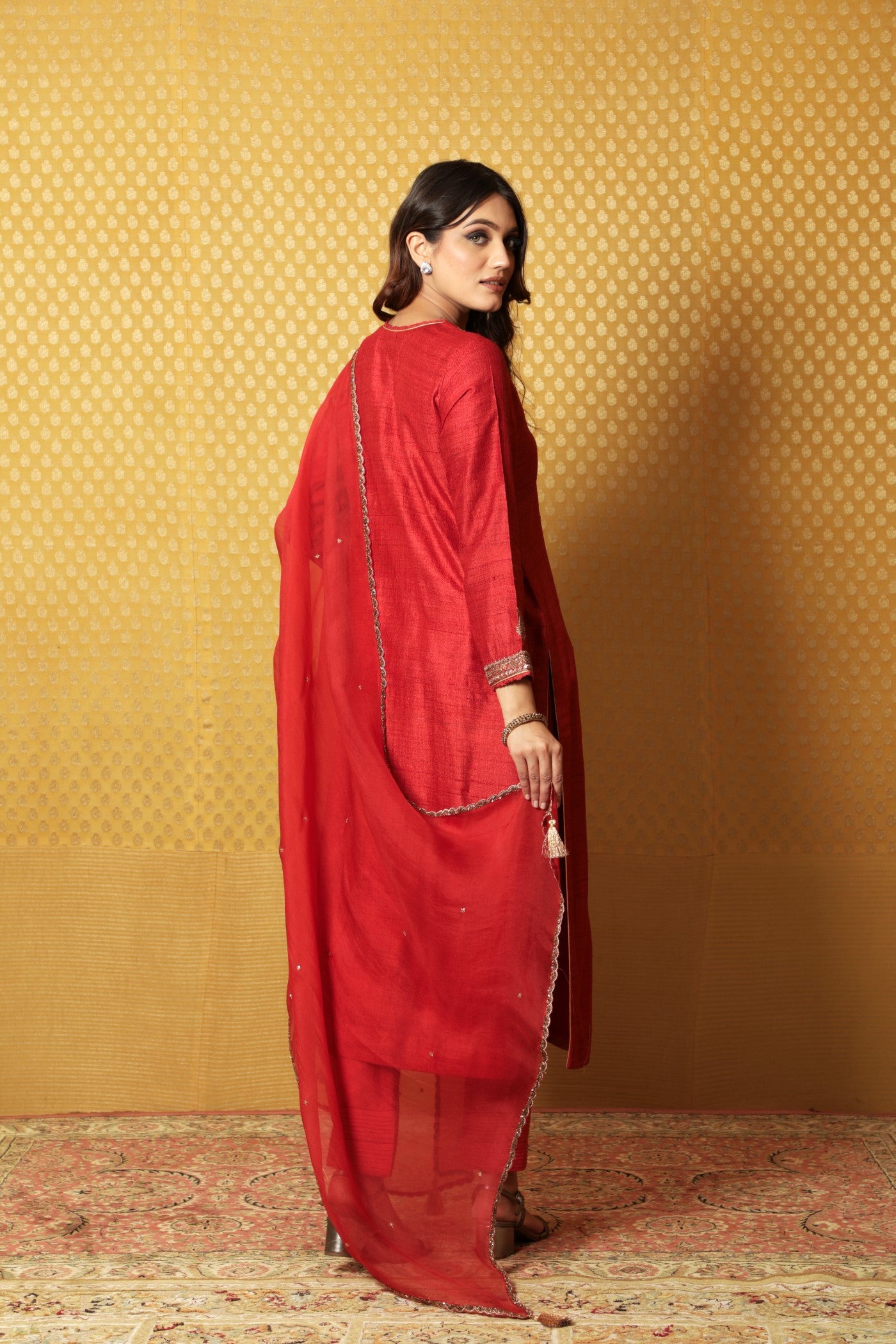 Hand-Embroidered Aurora-Red Pure Tussar-Georgette Kurta-Pants Set