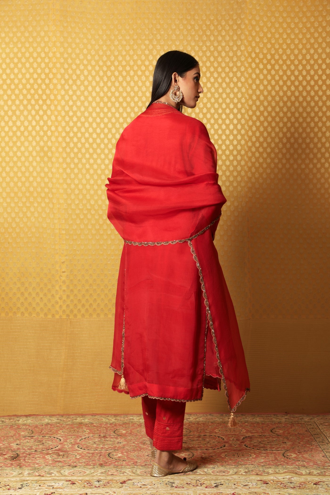 Hand-Embroidered Red Pure Katan-Silk Kurta-Pants Set