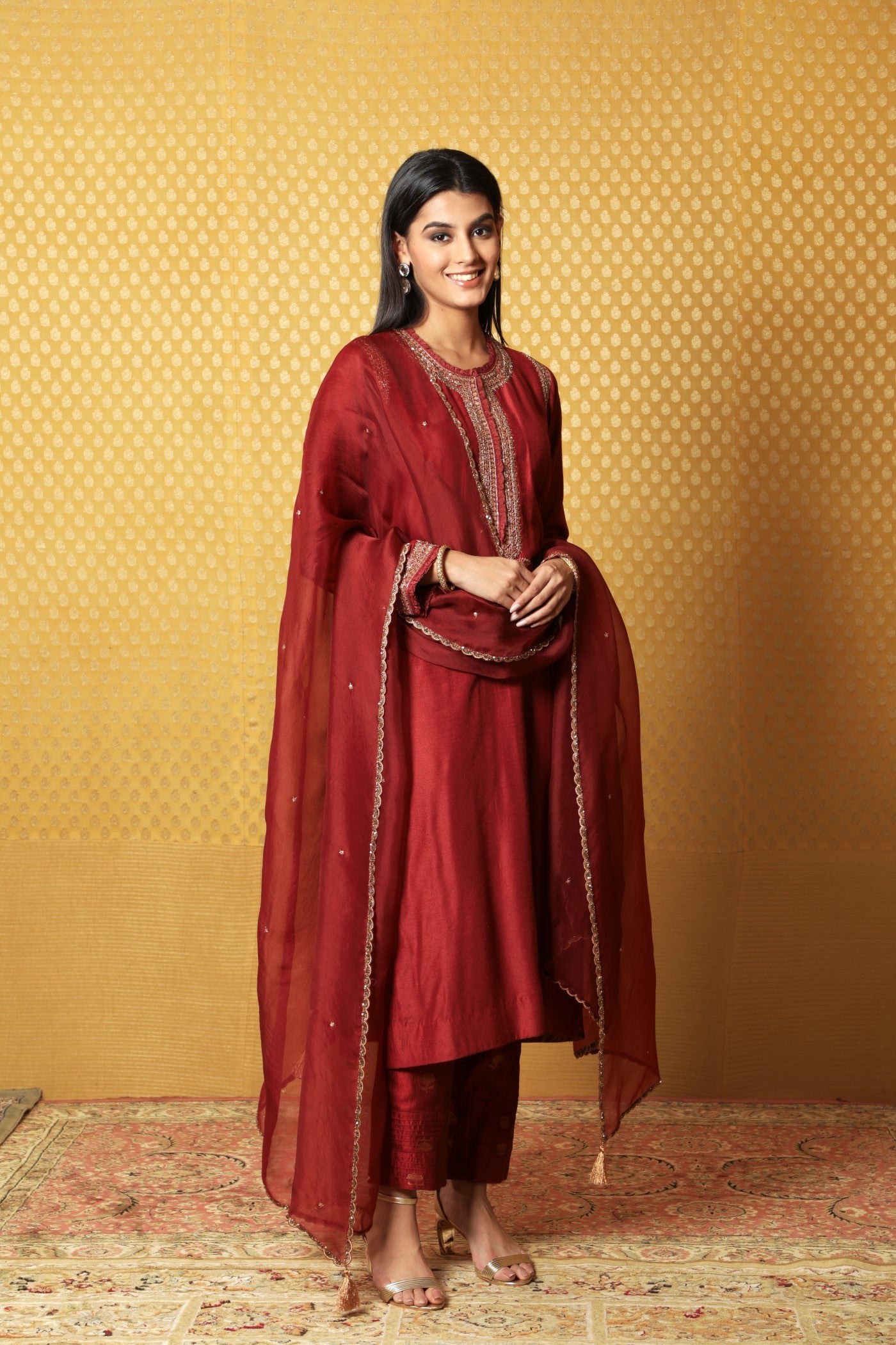 Hand-Embroidered Brick-Maroon Pure Tussar-Georgette Kurta-Pants Set